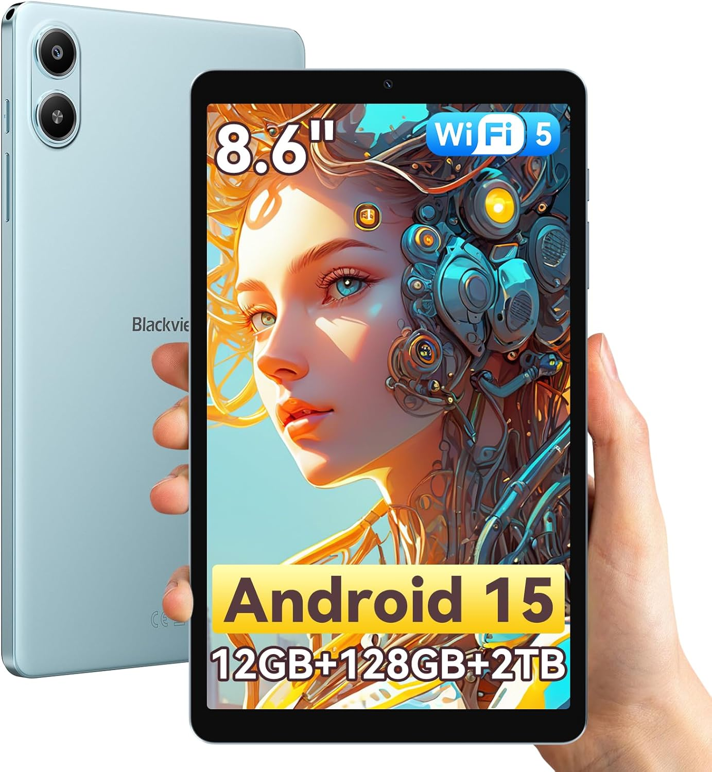 Un tablet azzurro con Android 15, 8,6 pollici e Wi-Fi 5 è tenuto da una mano.