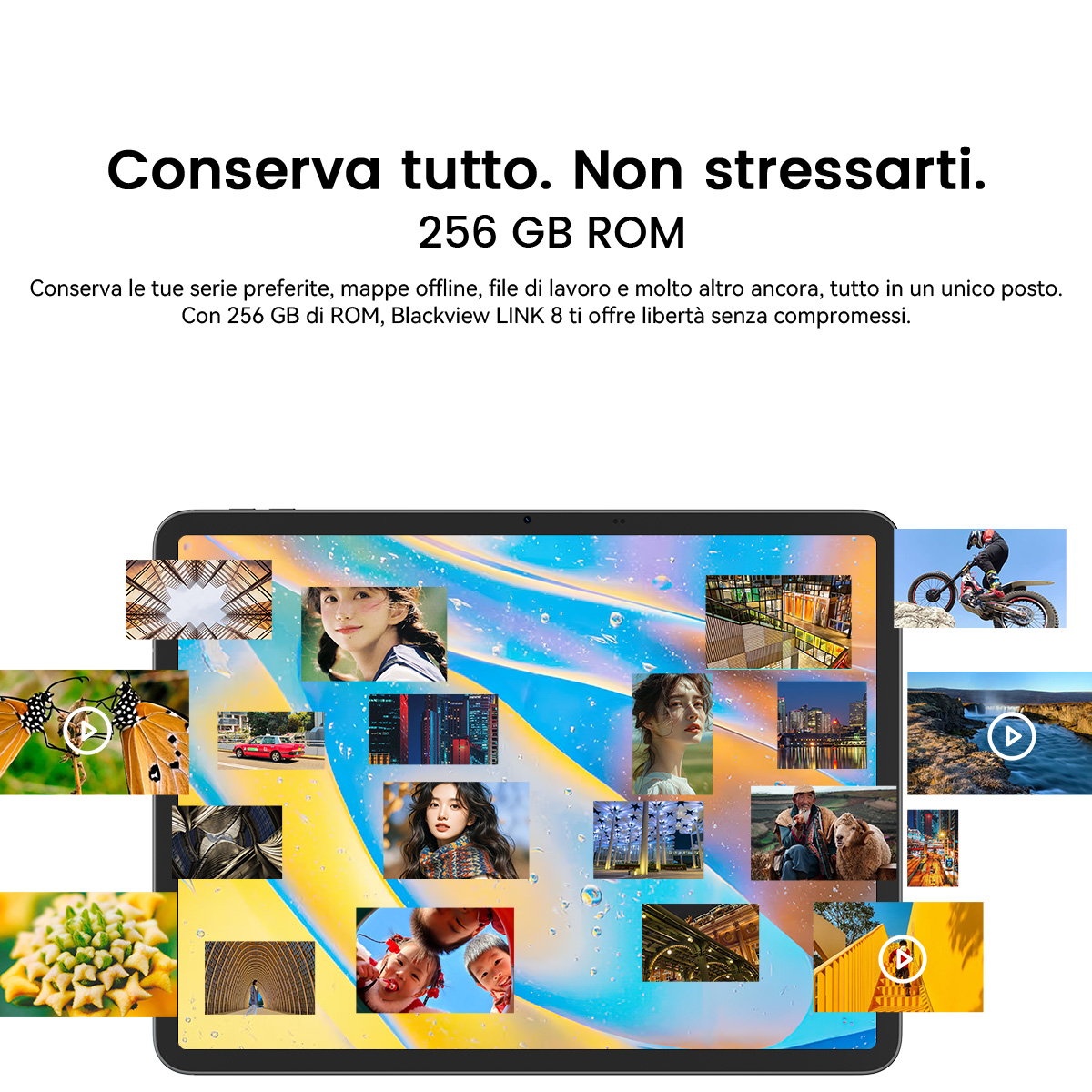 Un tablet con varie immagini: farfalle, volti e paesaggi.