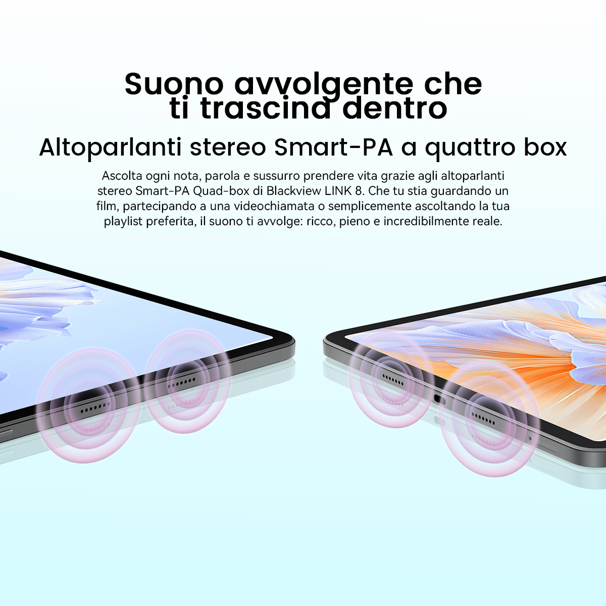 Due tablet con onde sonore che emanano dai loro altoparlanti.