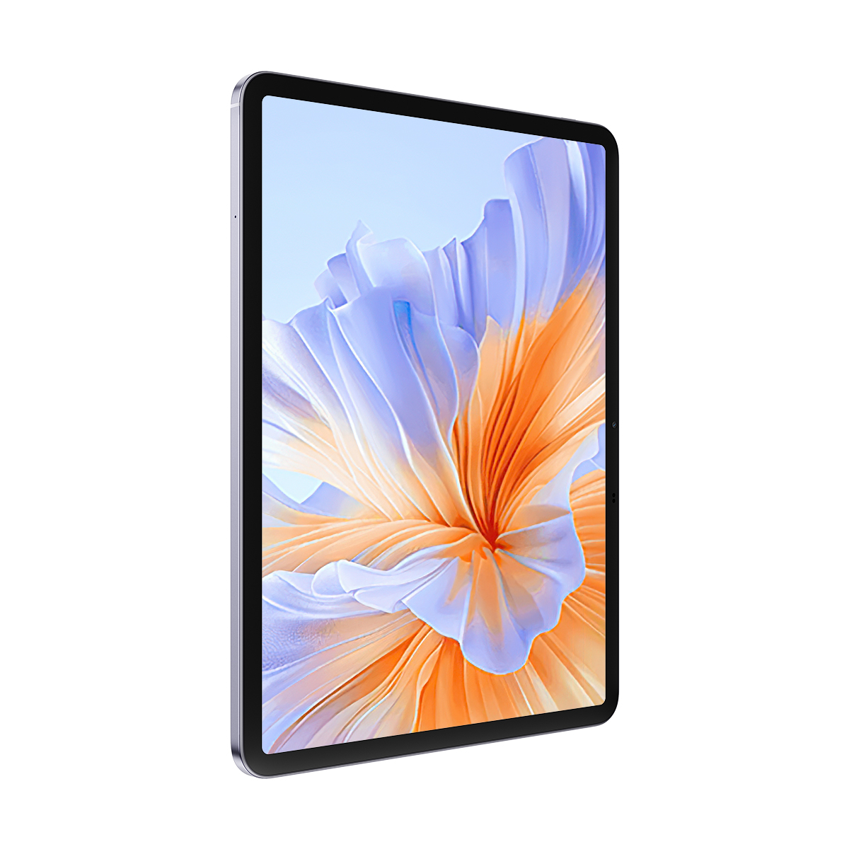 Un tablet argentato che mostra uno sfondo colorato a forma di fiore.