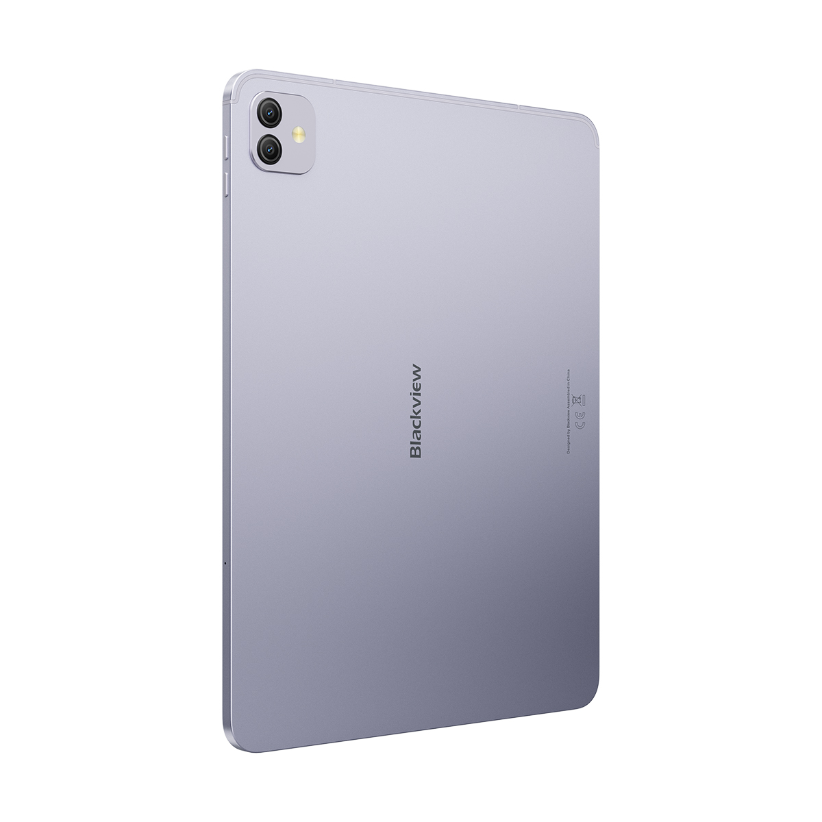 Vista posteriore di un tablet argentato con doppia fotocamera e logo Blackview.