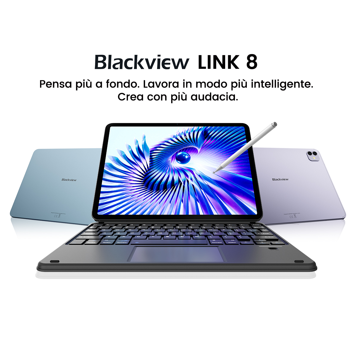 Un tablet Blackview LINK 8 con tastiera e stilo, blu e viola.