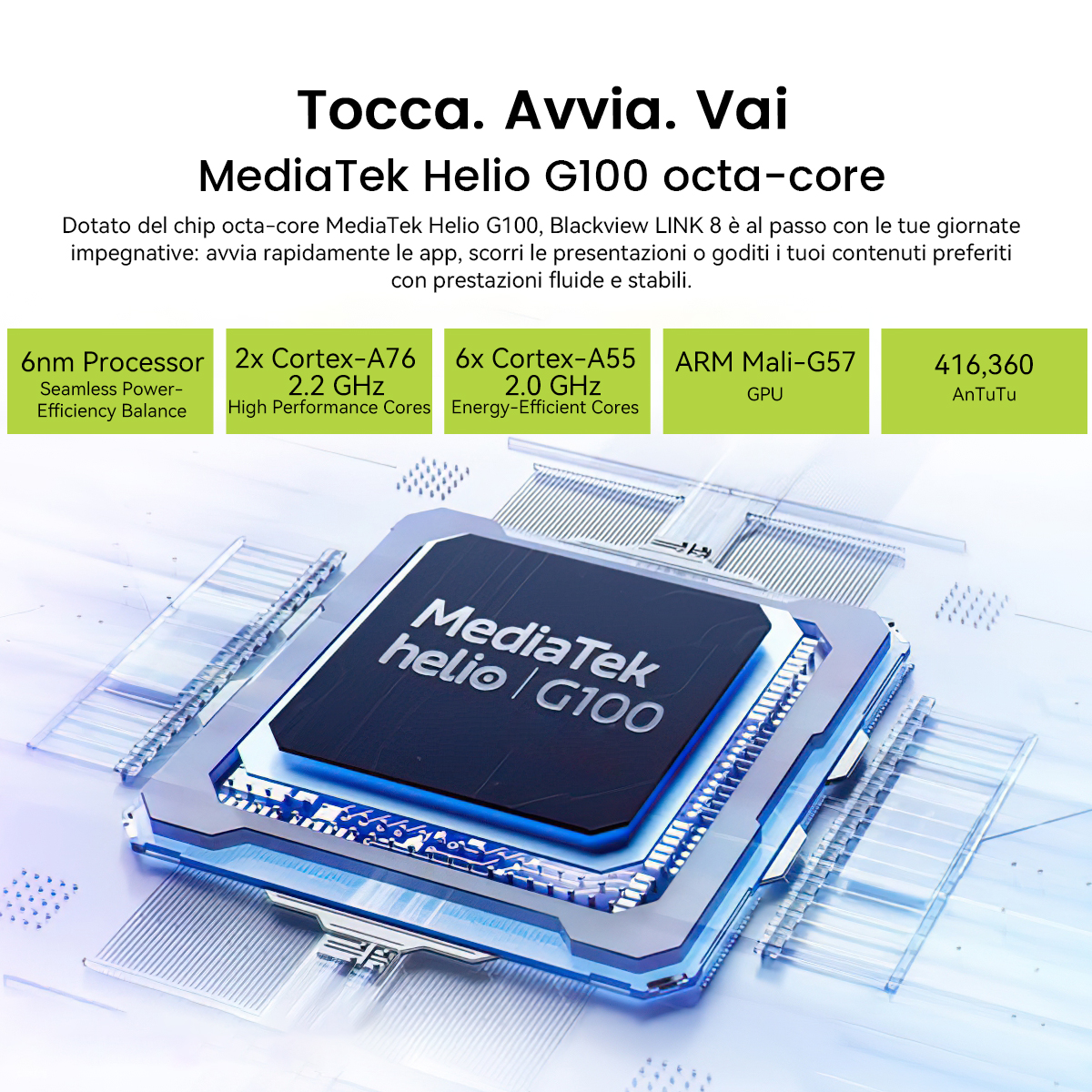 Chip MediaTek Helio G100 con processore 6nm, 2x Cortex-A76, 6x Cortex-A55, GPU Mali-G57.
