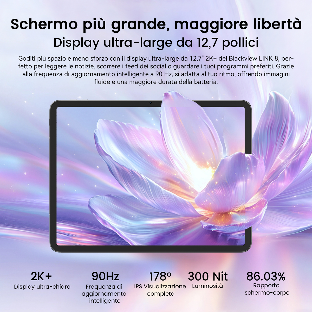 Un tablet con display da 12,7 pollici mostra un fiore viola in primo piano.