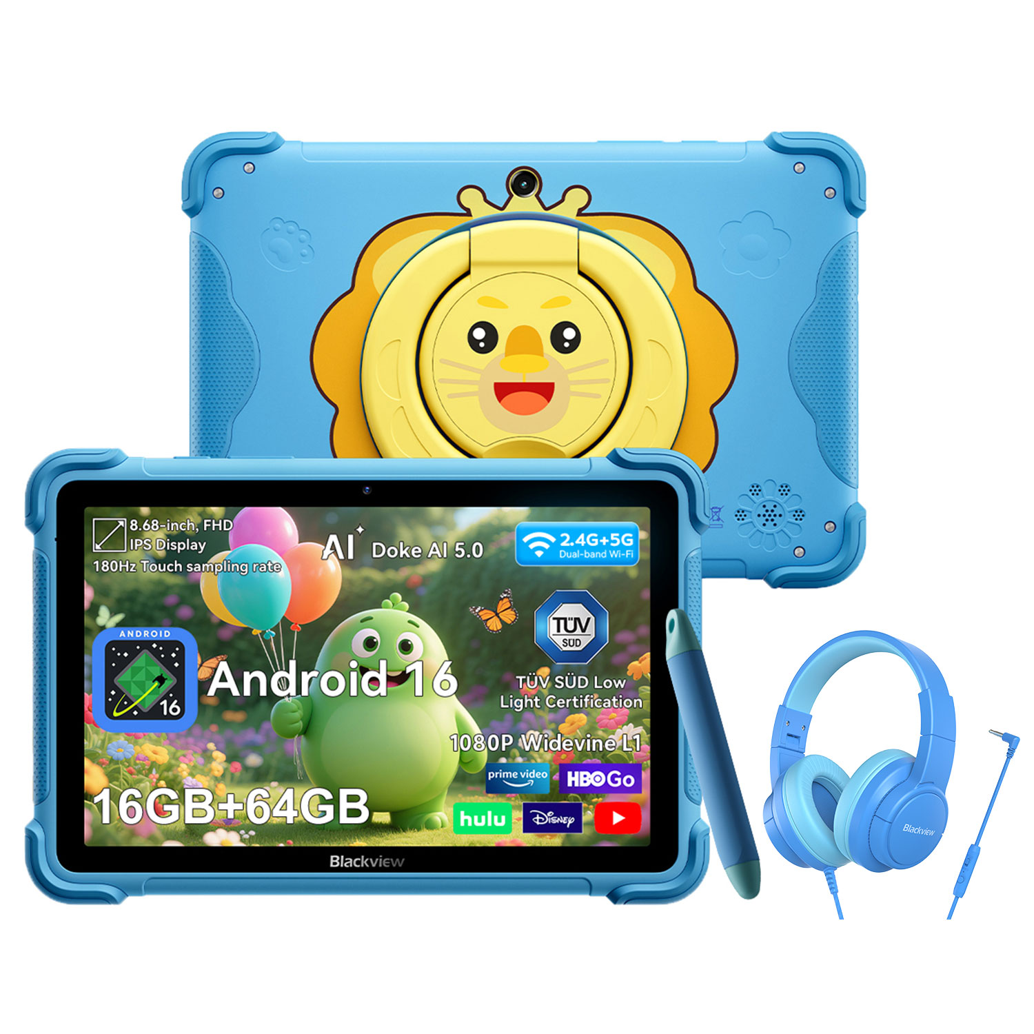 Tablet blu con disegno di leone, stilo e cuffie. Schermo mostra Android 16.