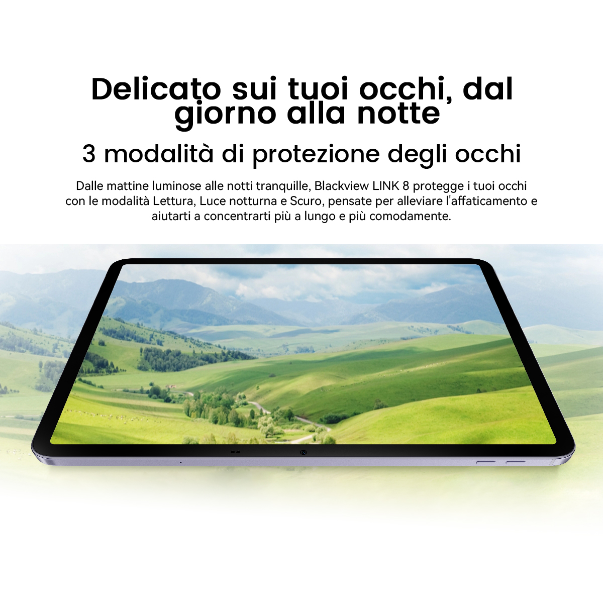 Un tablet viola mostra un paesaggio verde con colline e nuvole.