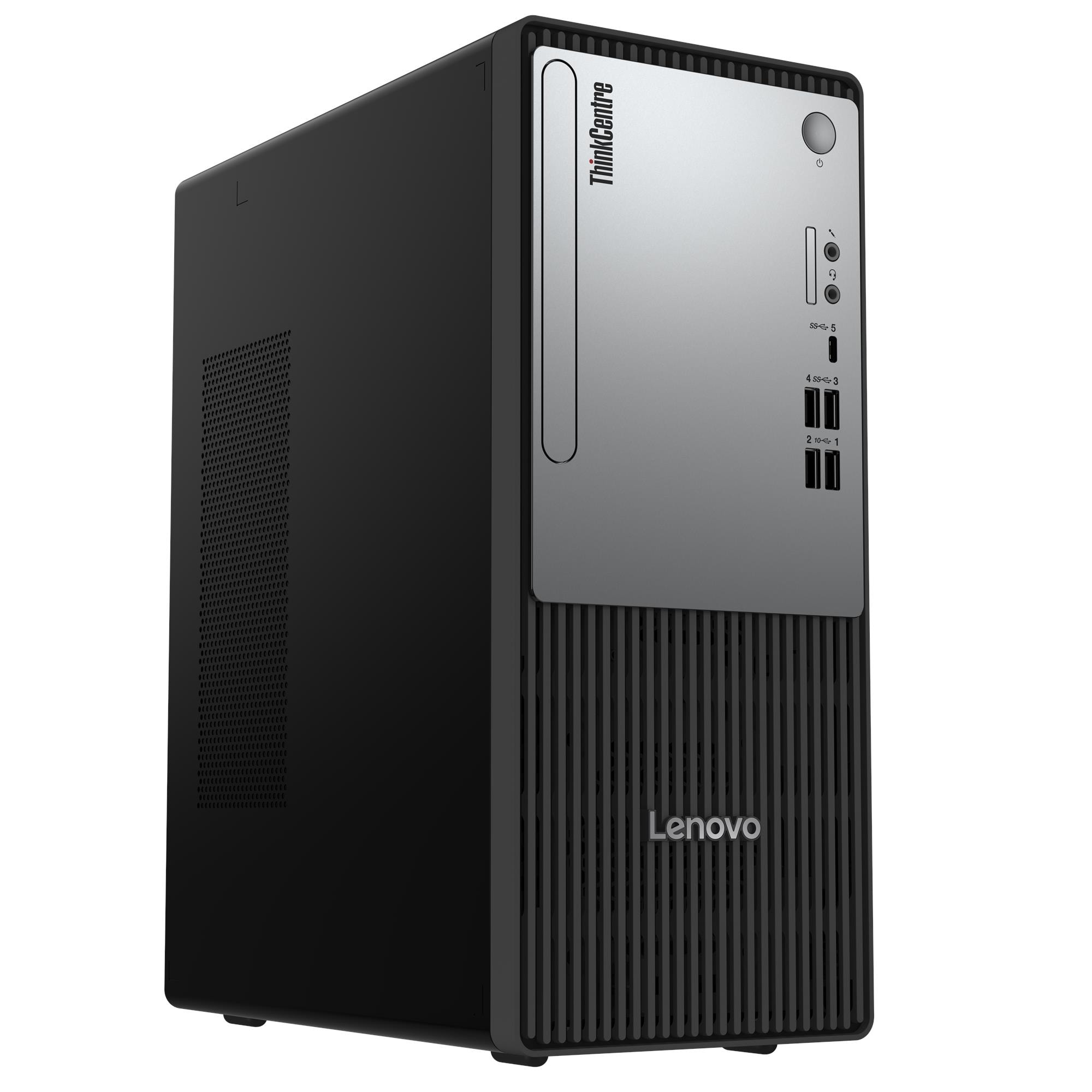 Computer desktop Lenovo ThinkCentre nero con pannello frontale argentato e porte.