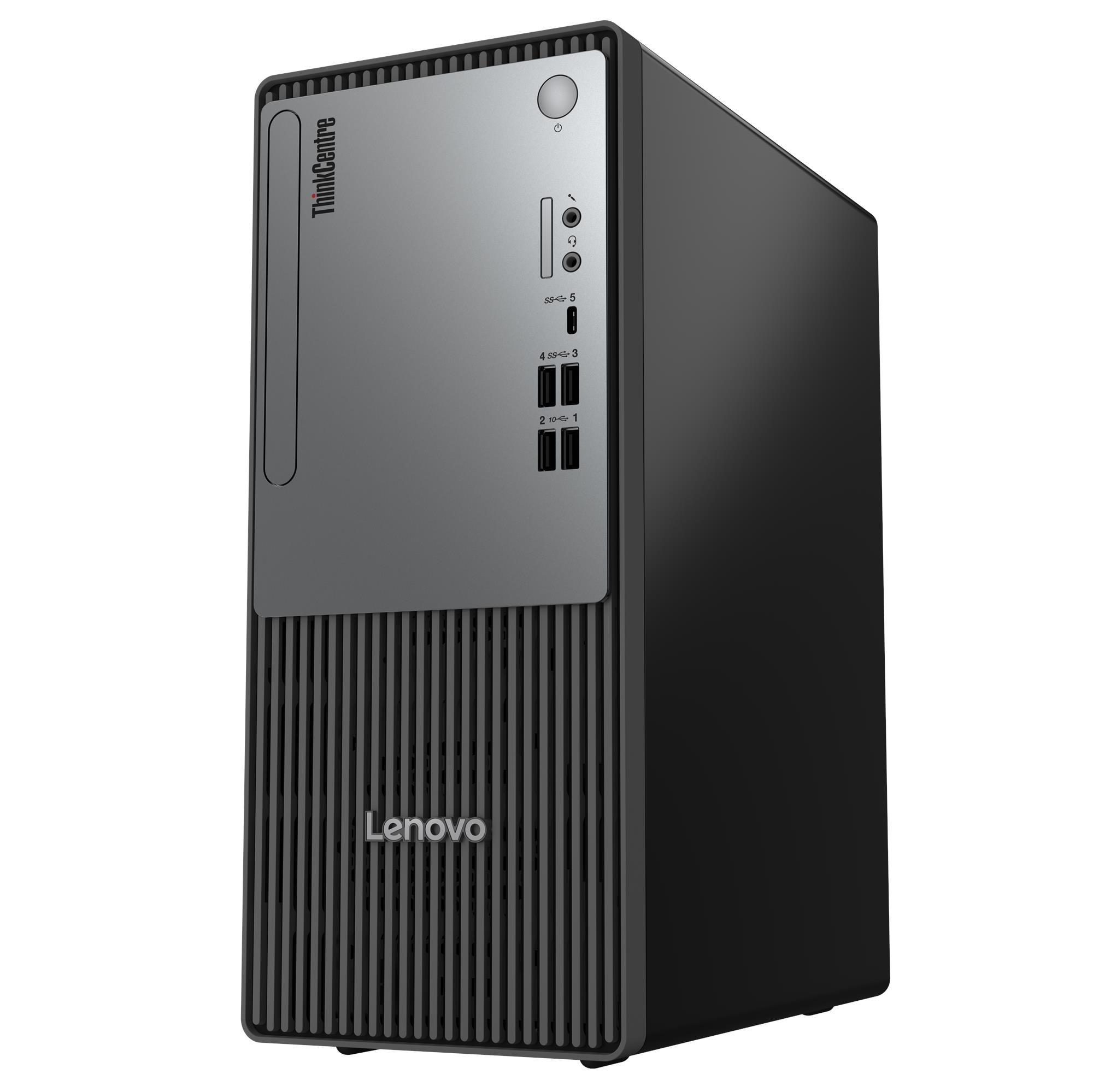 Una torre Lenovo ThinkCentre nera con pannello frontale argentato e porte.