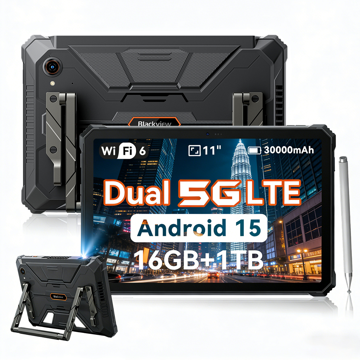 Tablet robusto con stilo. Schermo mostra città, specifiche: Wi-Fi 6, 11", 30000mAh, Dual 5G, Android 15, 16GB+1TB.