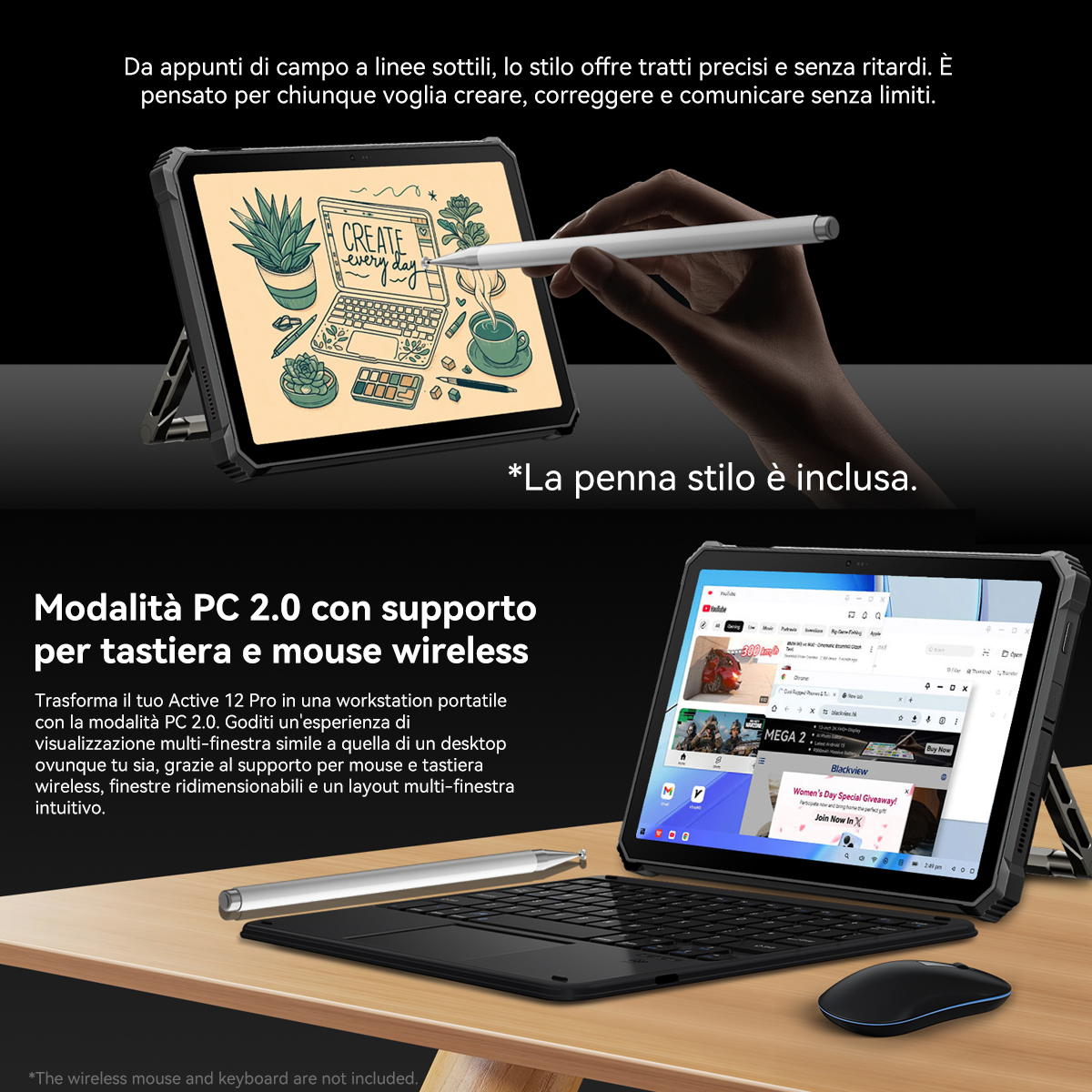 Un tablet con stilo crea un disegno digitale. Sotto, un tablet con tastiera e mouse in modalità PC.