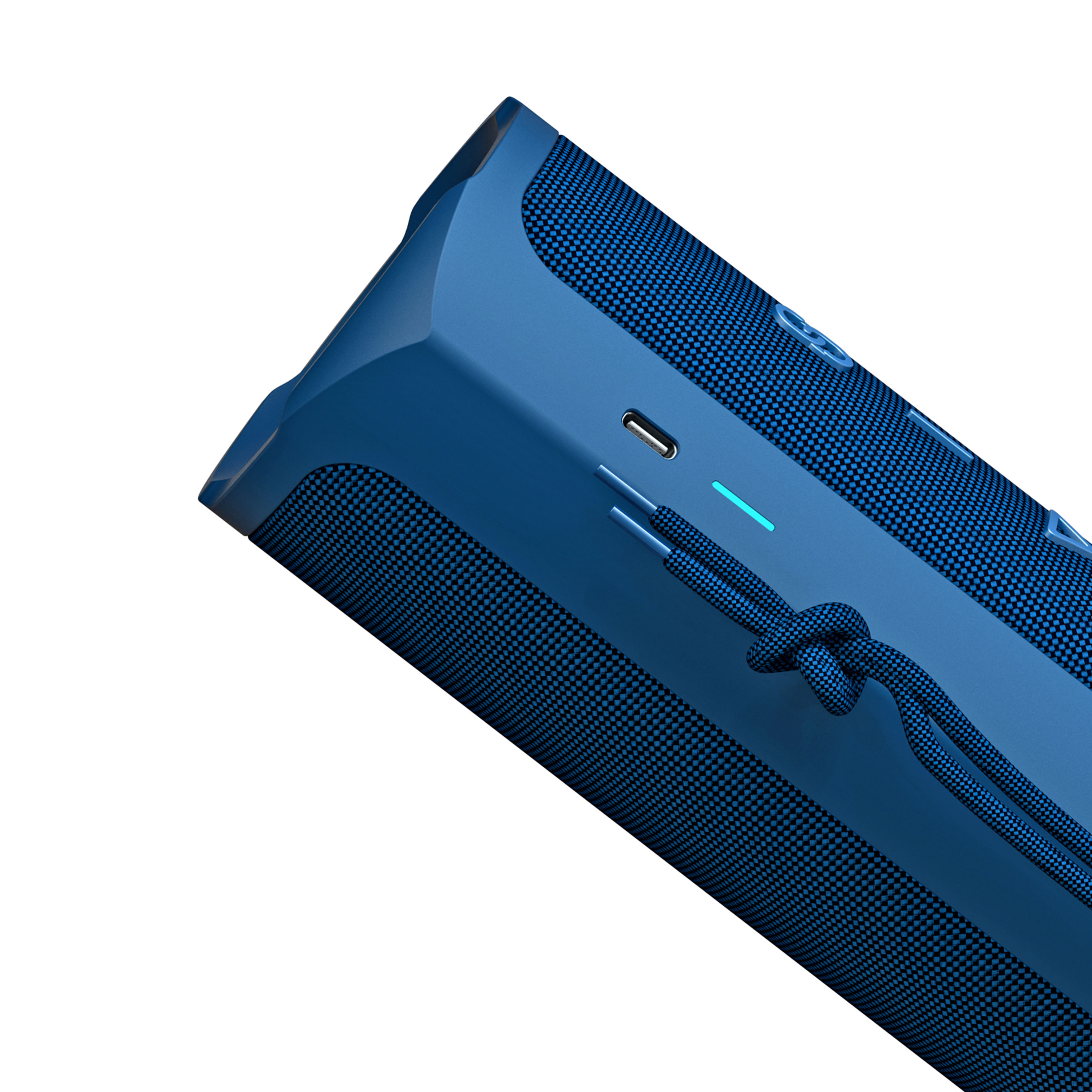 Altoparlante blu con porta USB-C e luce indicatrice.
