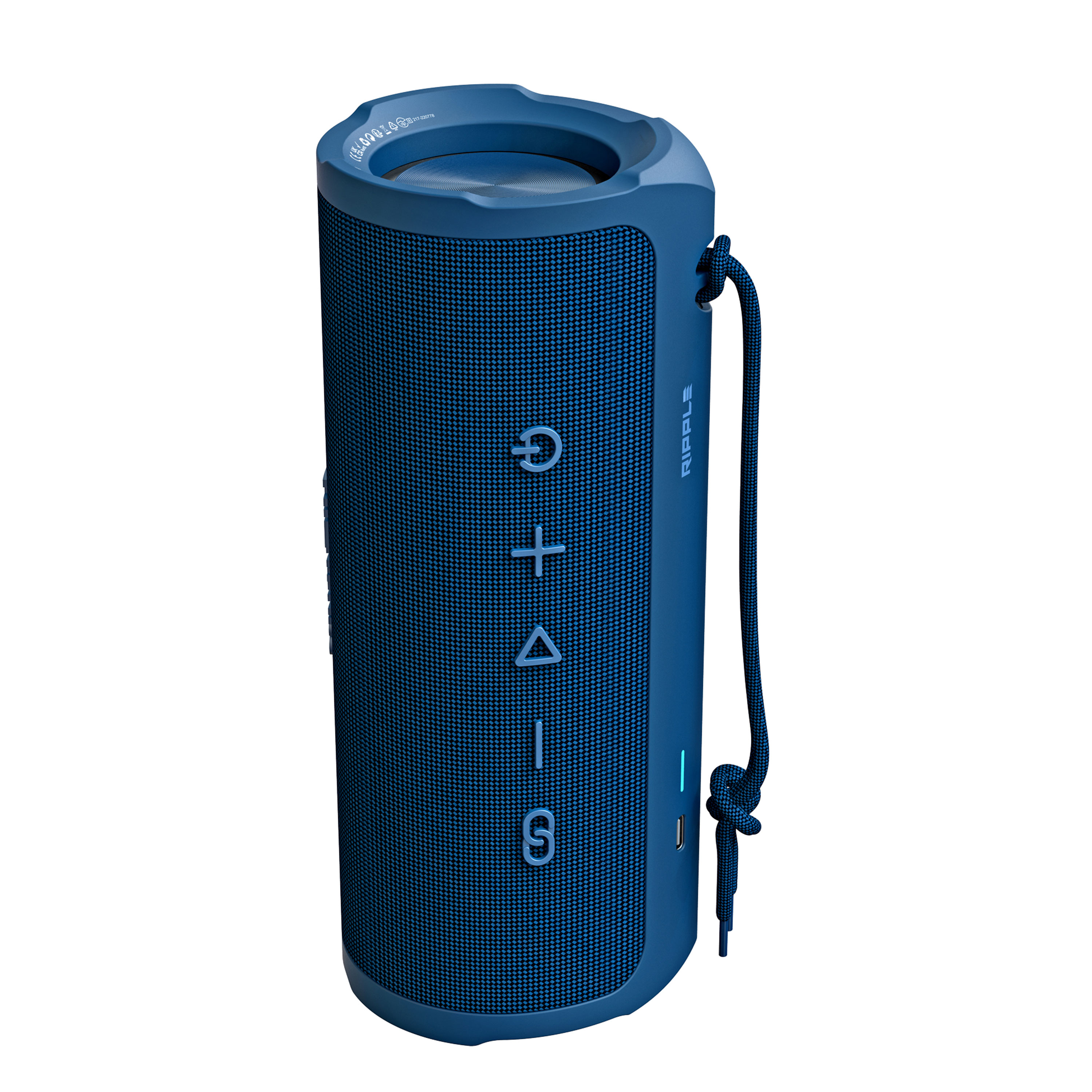 Un altoparlante Bluetooth blu e cilindrico con cinturino e pulsanti.