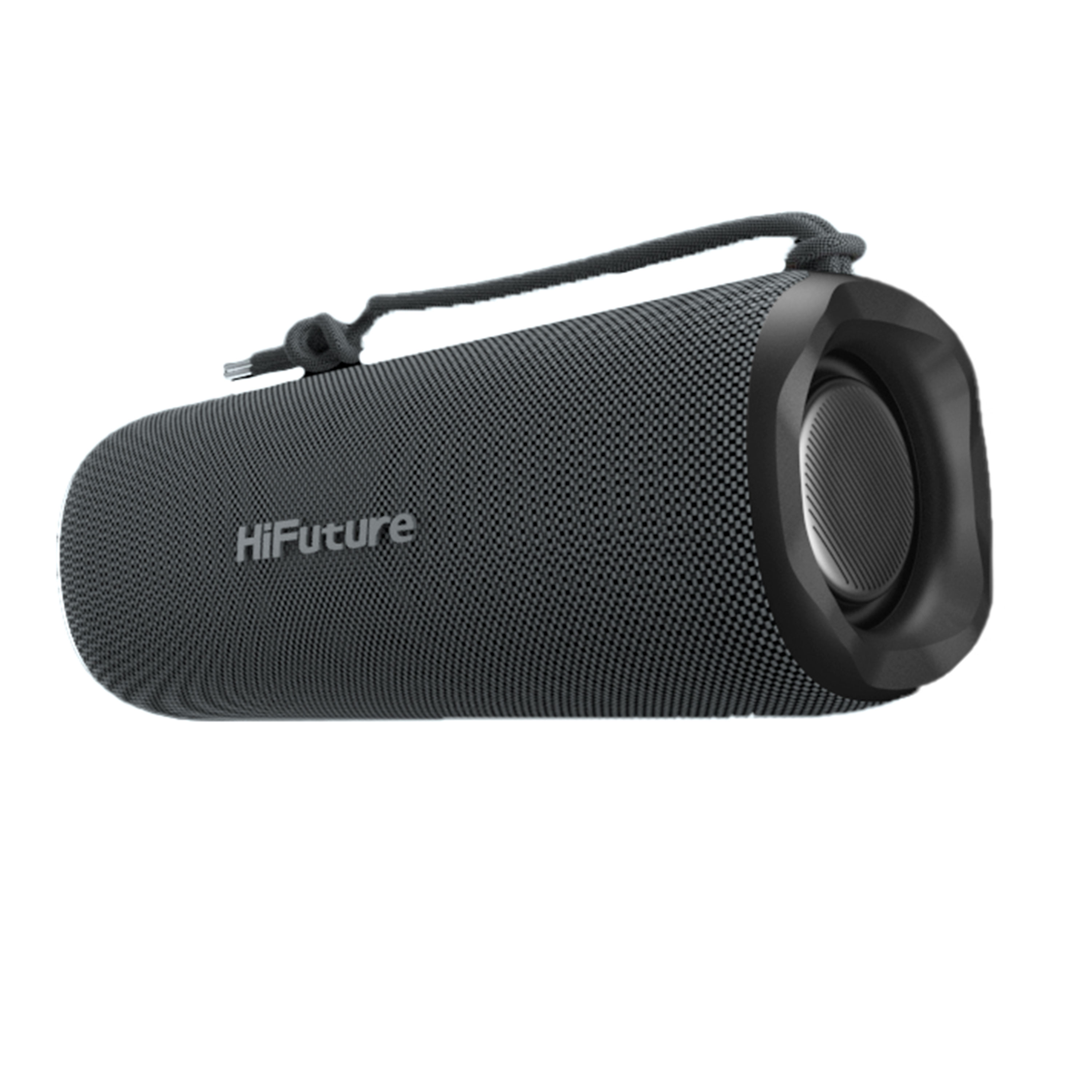 Grauer HiFuture Bluetooth-Lautsprecher mit Trageriemen und schwarzem Gitter.