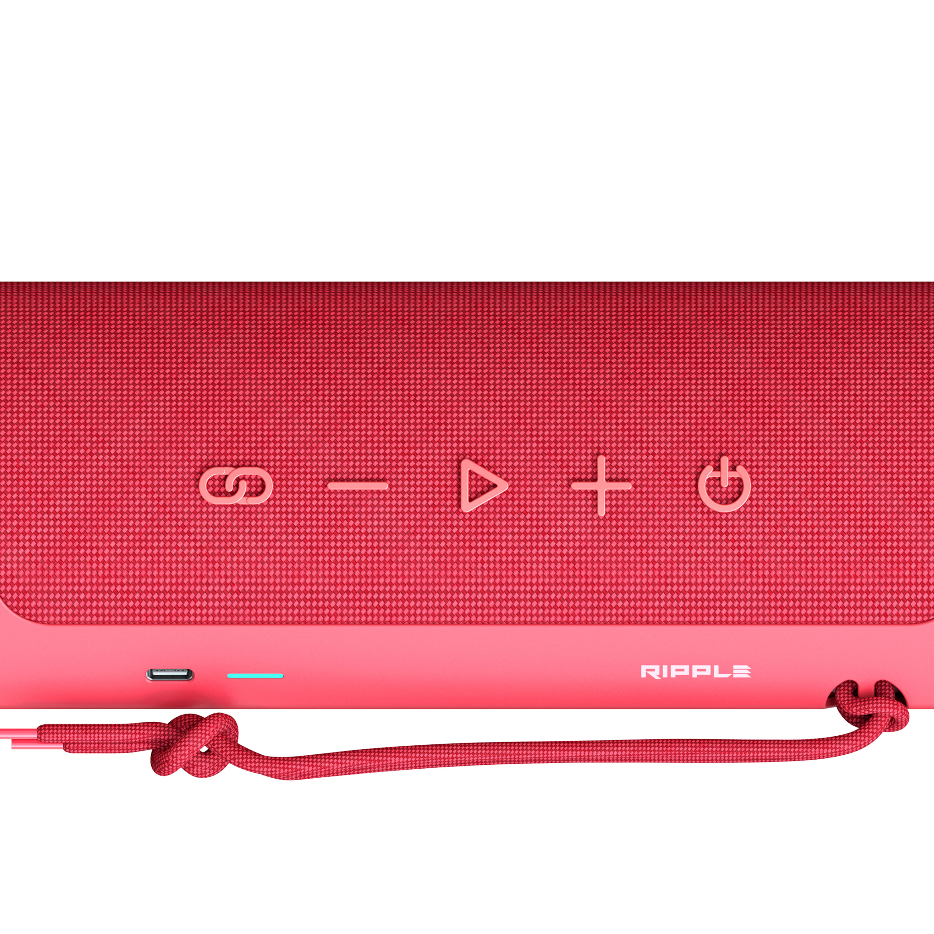 Altoparlante rosso con controlli e cavo. Porta USB-C.