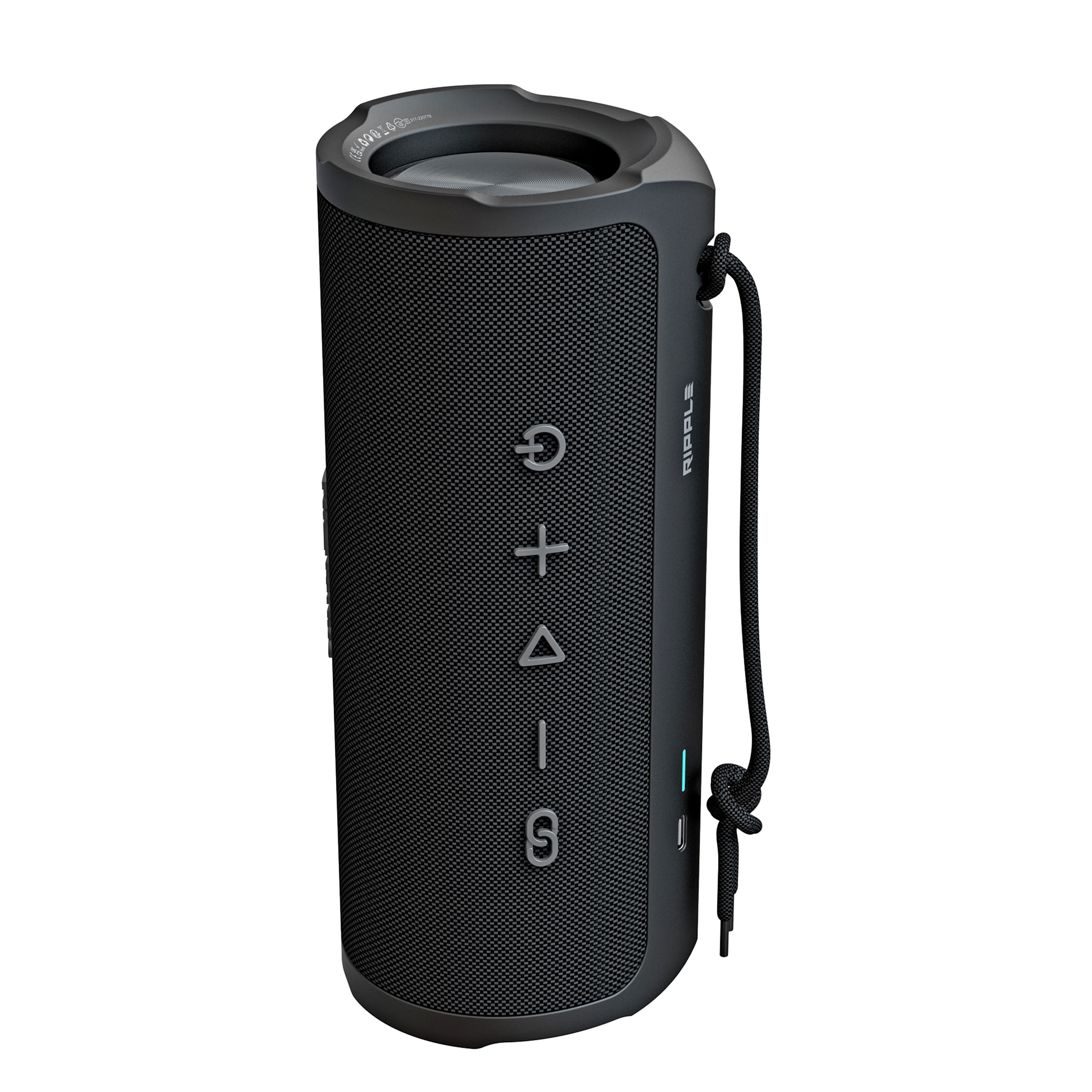 Altoparlante Bluetooth portatile nero con cinturino e pulsanti.