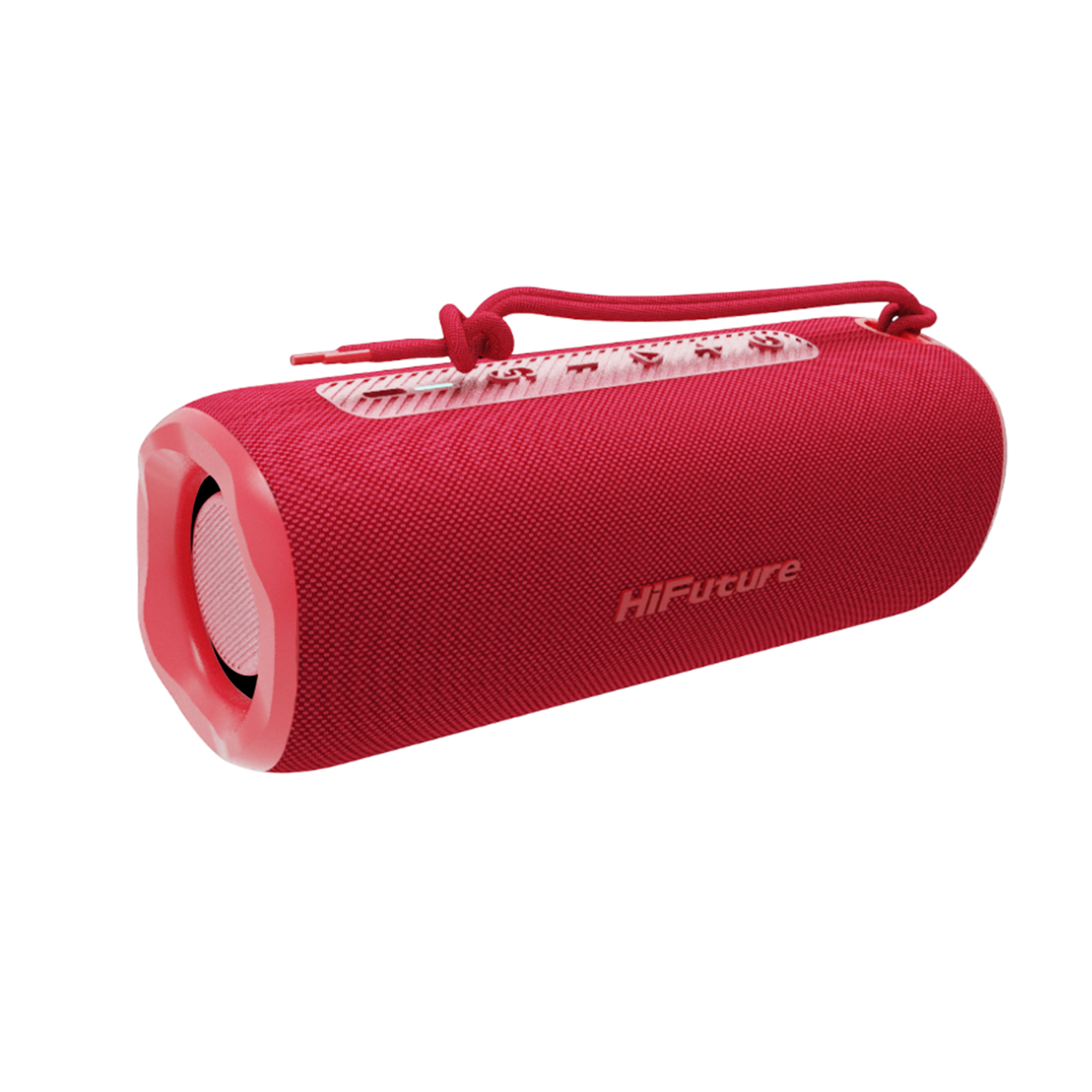 Roter zylindrischer Lautsprecher mit Tragegriff und Logo.