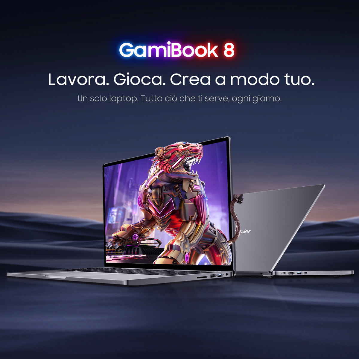 Un laptop con un tigre meccanico sullo schermo, in una scena notturna.