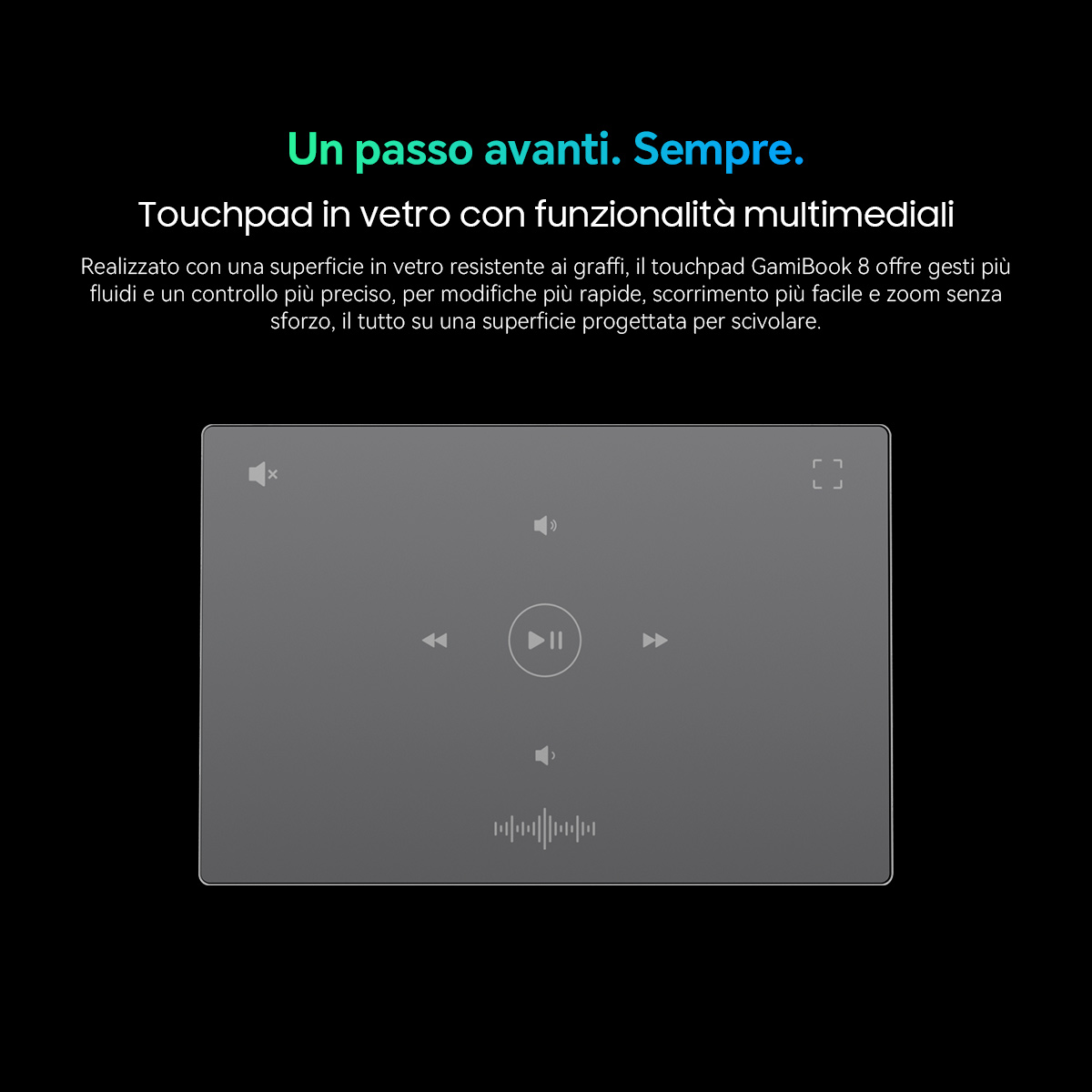 Un touchpad in vetro con funzioni multimediali e controlli per riproduzione e volume.