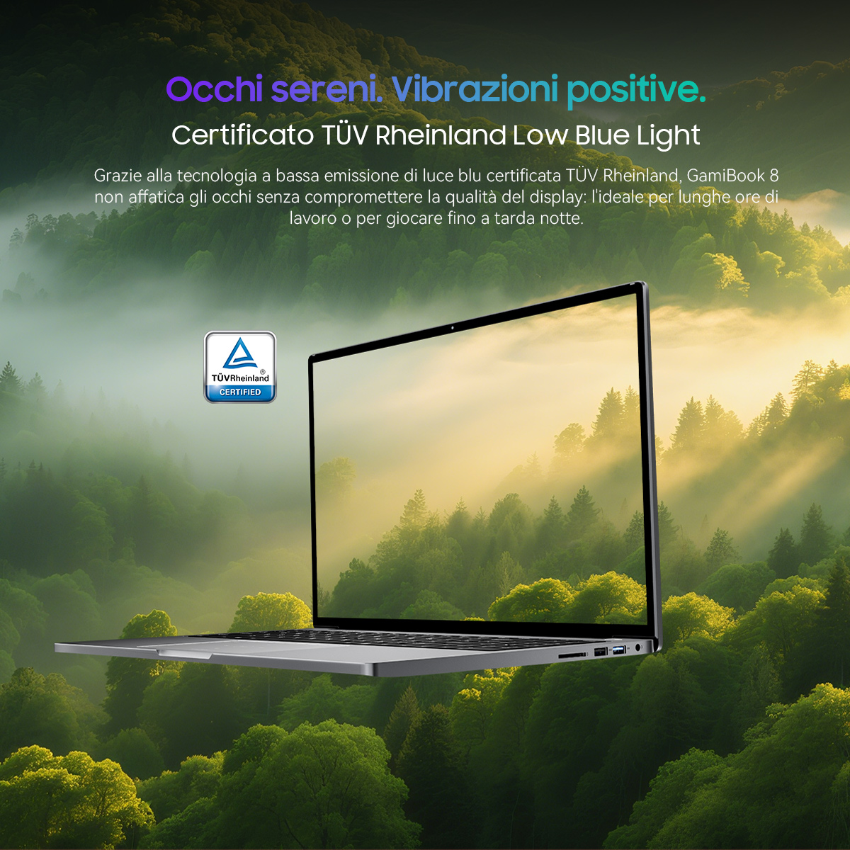 Un laptop con certificazione TÜV Rheinland Low Blue Light davanti a un paesaggio forestale nebbioso.