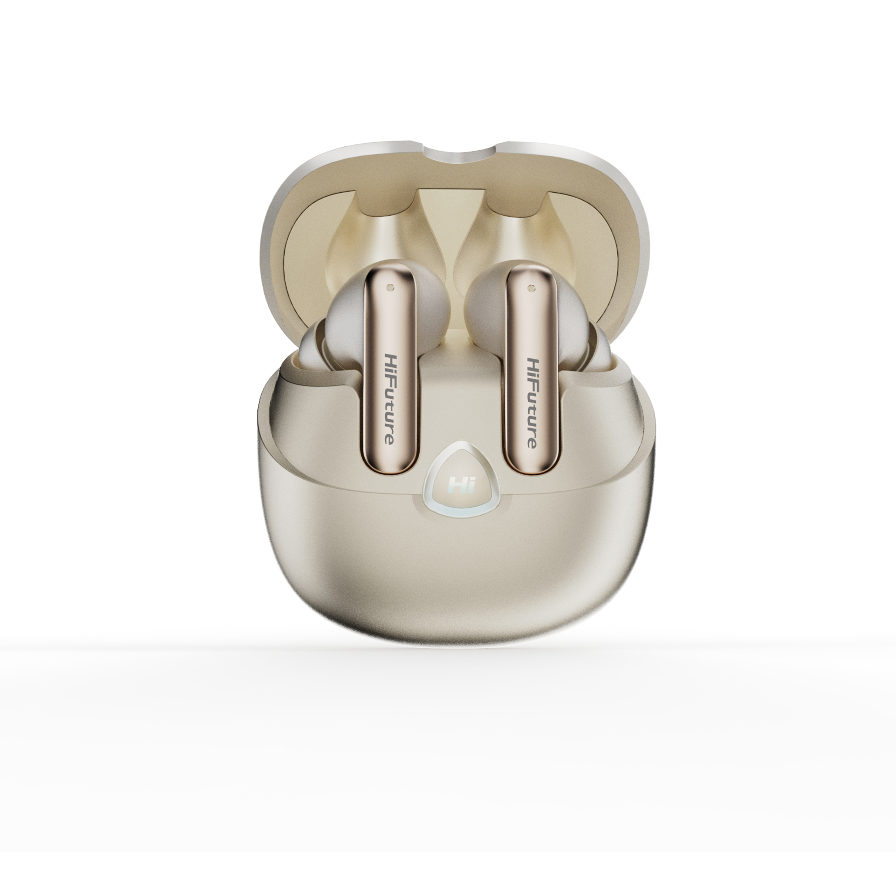 Goldene kabellose Ohrhörer in geöffneter Ladebox mit HiFuture-Logo.
