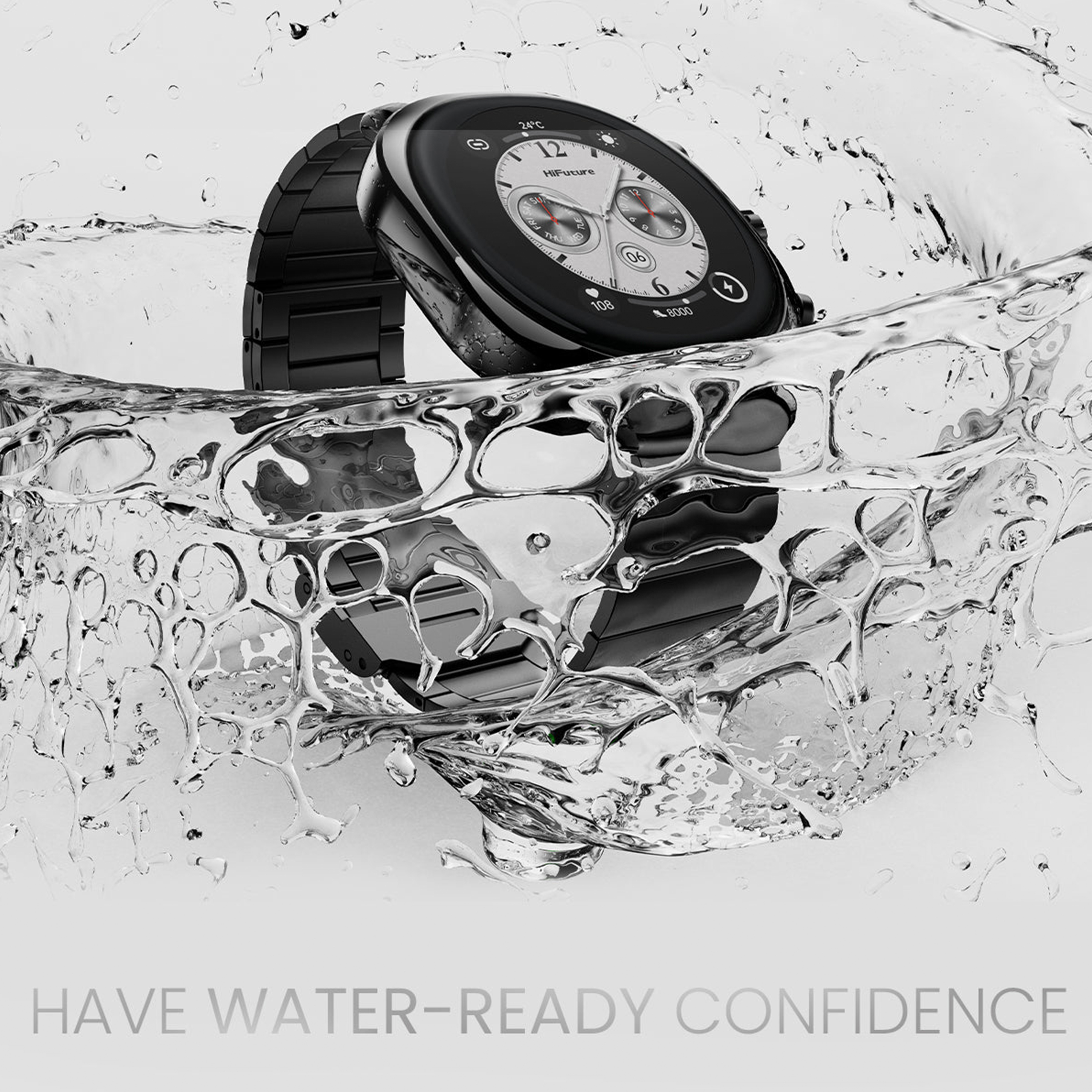 Czarny smartwatch z metalową bransoletą zanurzony w wodzie. Tekst: CONFIDENCE.