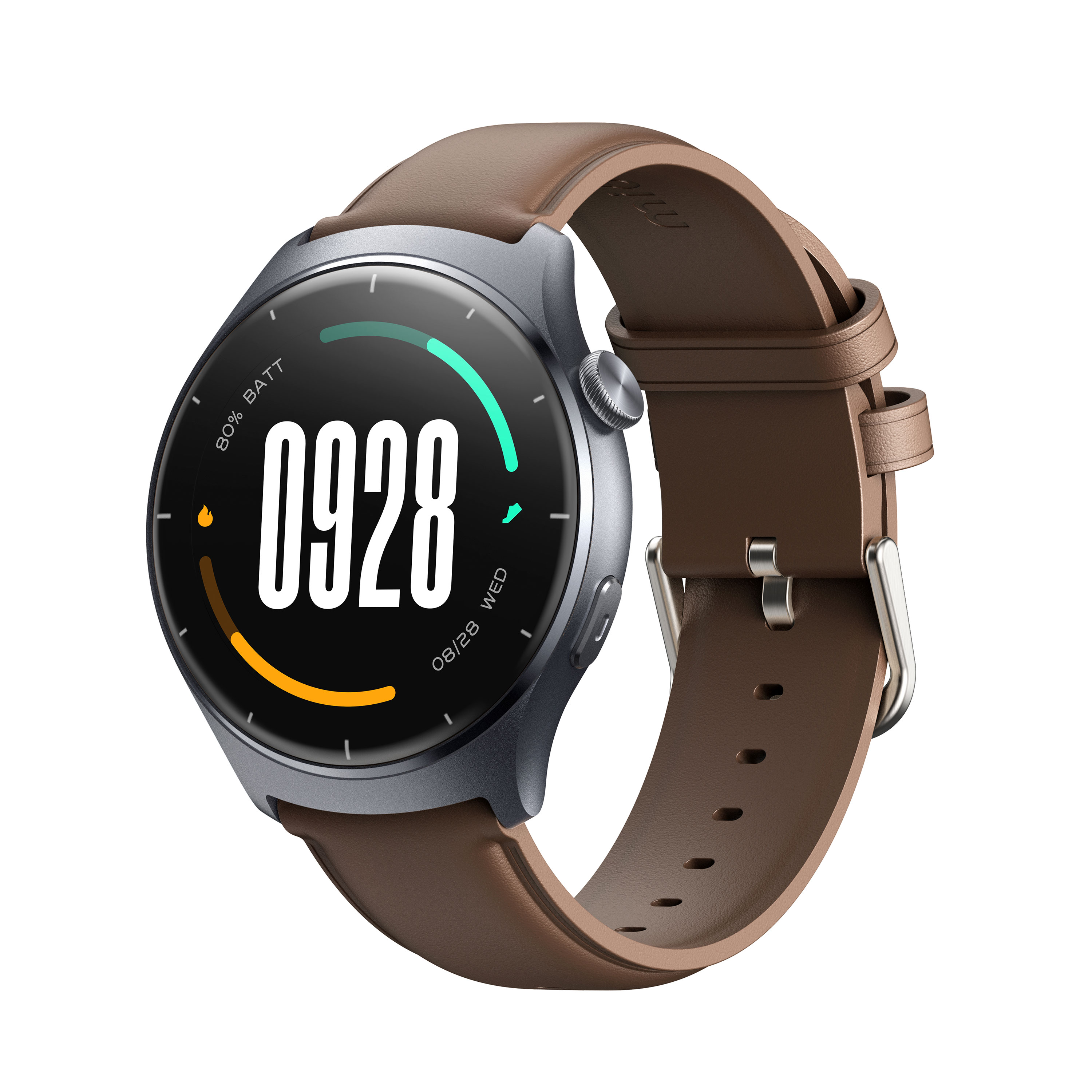 Smartwatch z brązowym skórzanym paskiem i ciemną tarczą wyświetlającą białe cyfry.