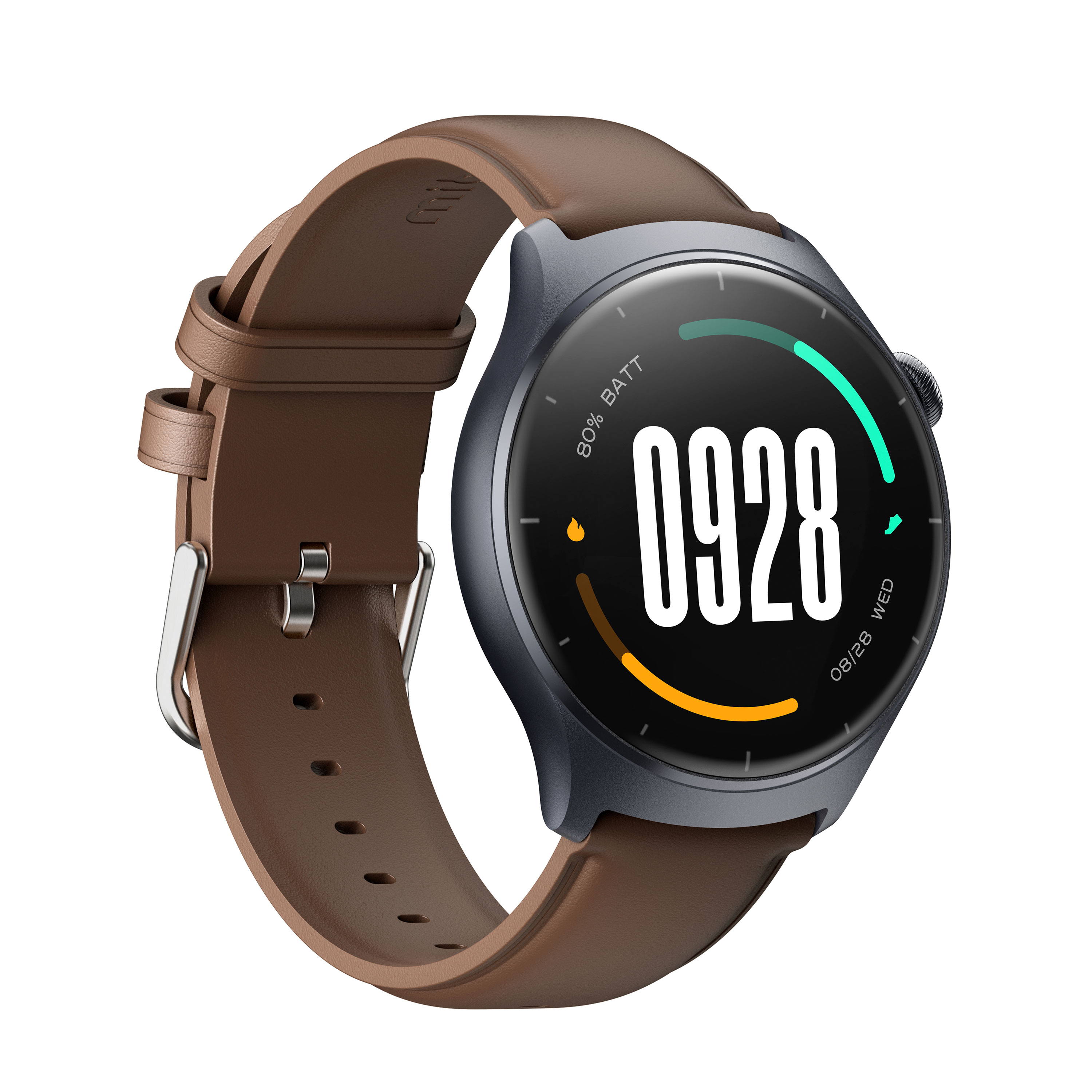 Zegarek smartwatch z brązową skórzaną bransoletą wyświetla 09:28 i 80% baterii.