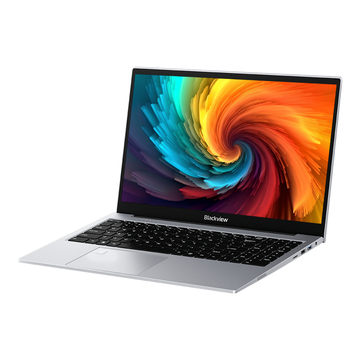 Laptop argento con vortice astratto colorato sullo schermo. Tastiera e trackpad neri.