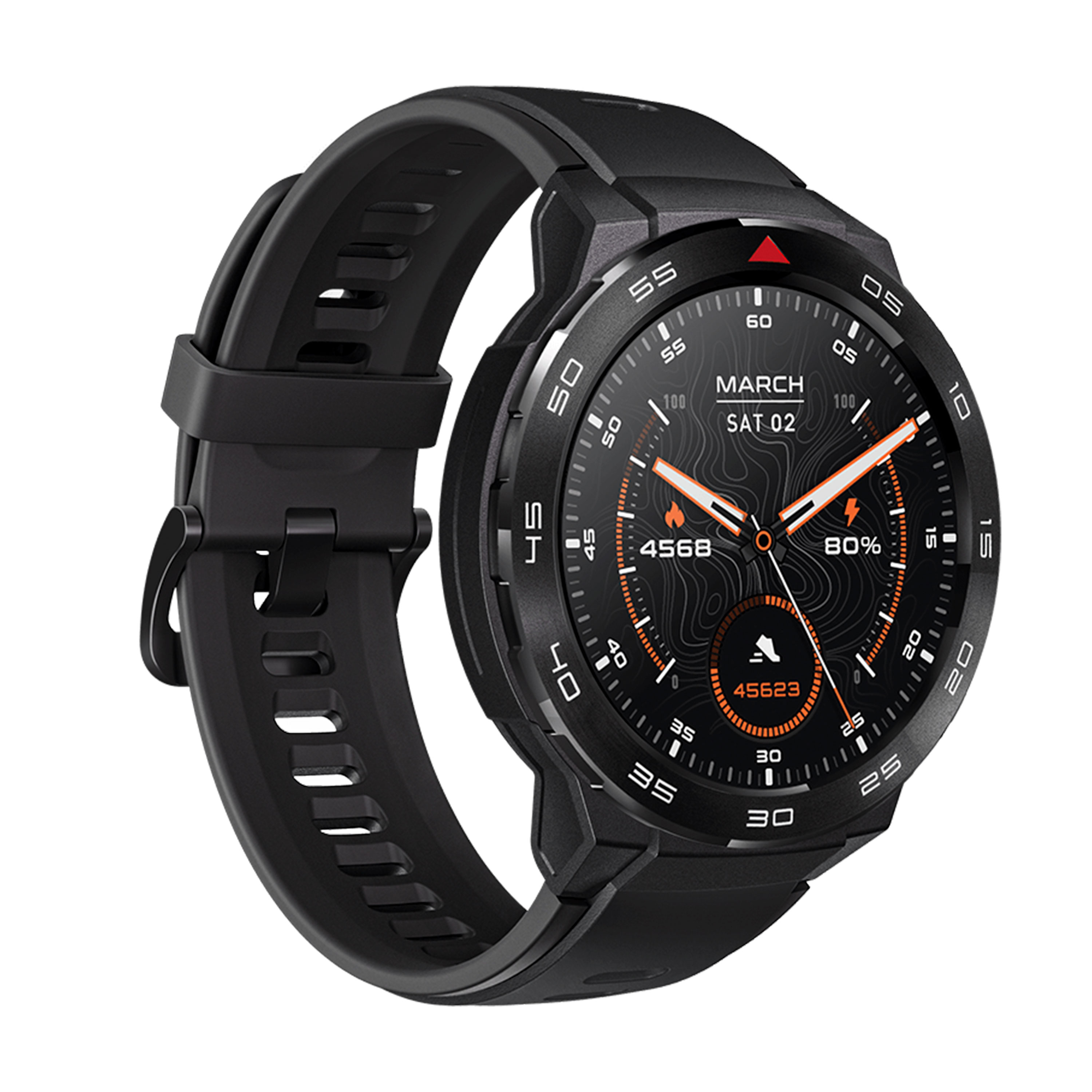 Un reloj inteligente negro con correa negra y pantalla digital que muestra fecha y hora.