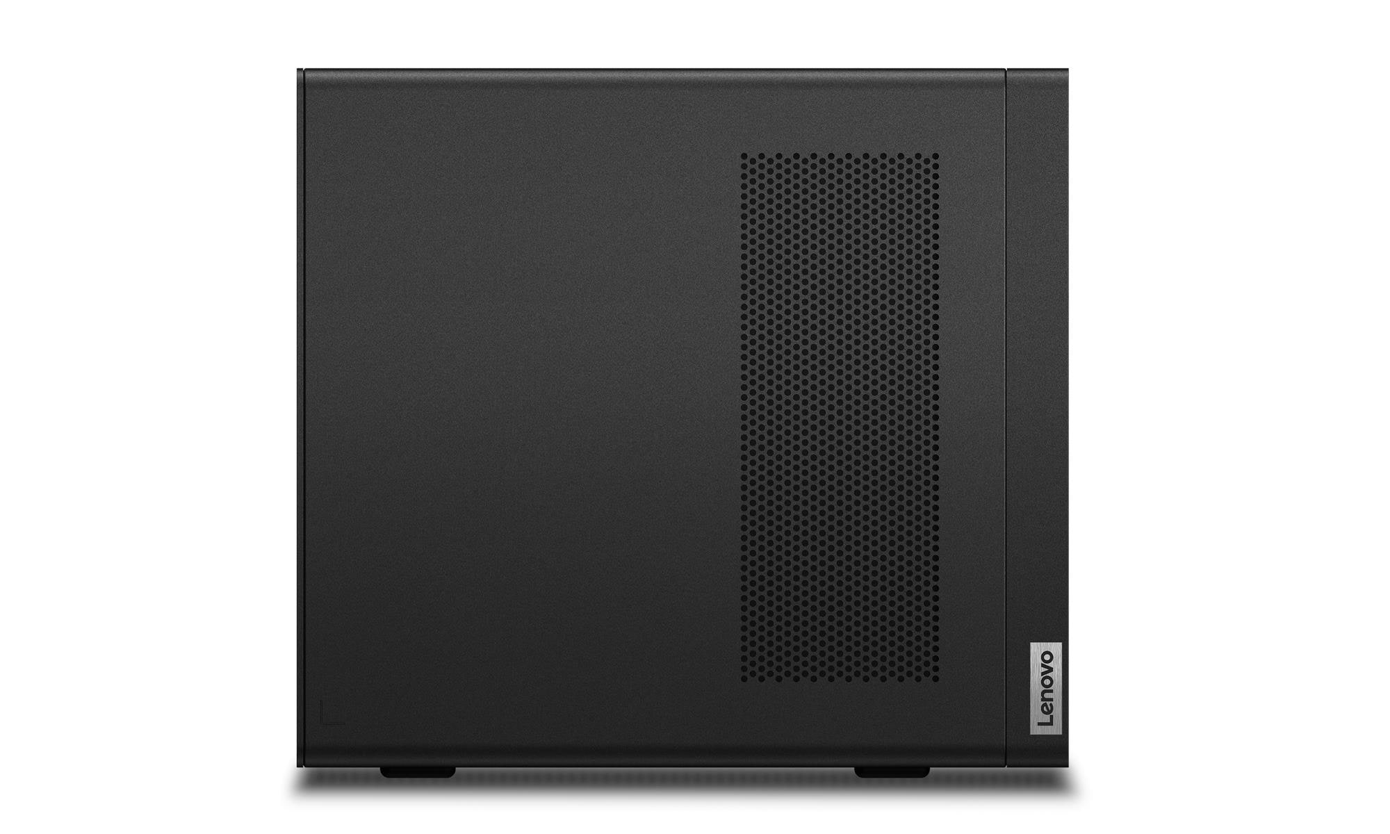 Tower PC Lenovo nero con fessure di ventilazione e logo su sfondo bianco.