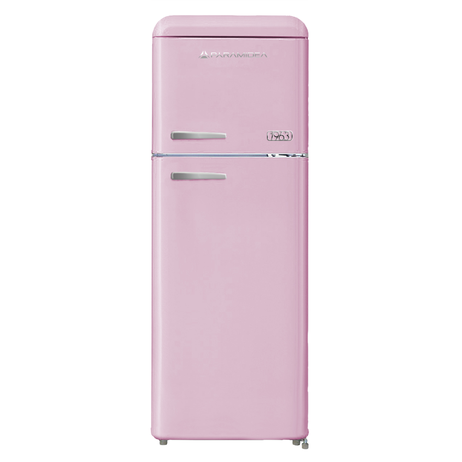 Un frigorifero rosa a due porte con maniglie argentate e un emblema '1963'.