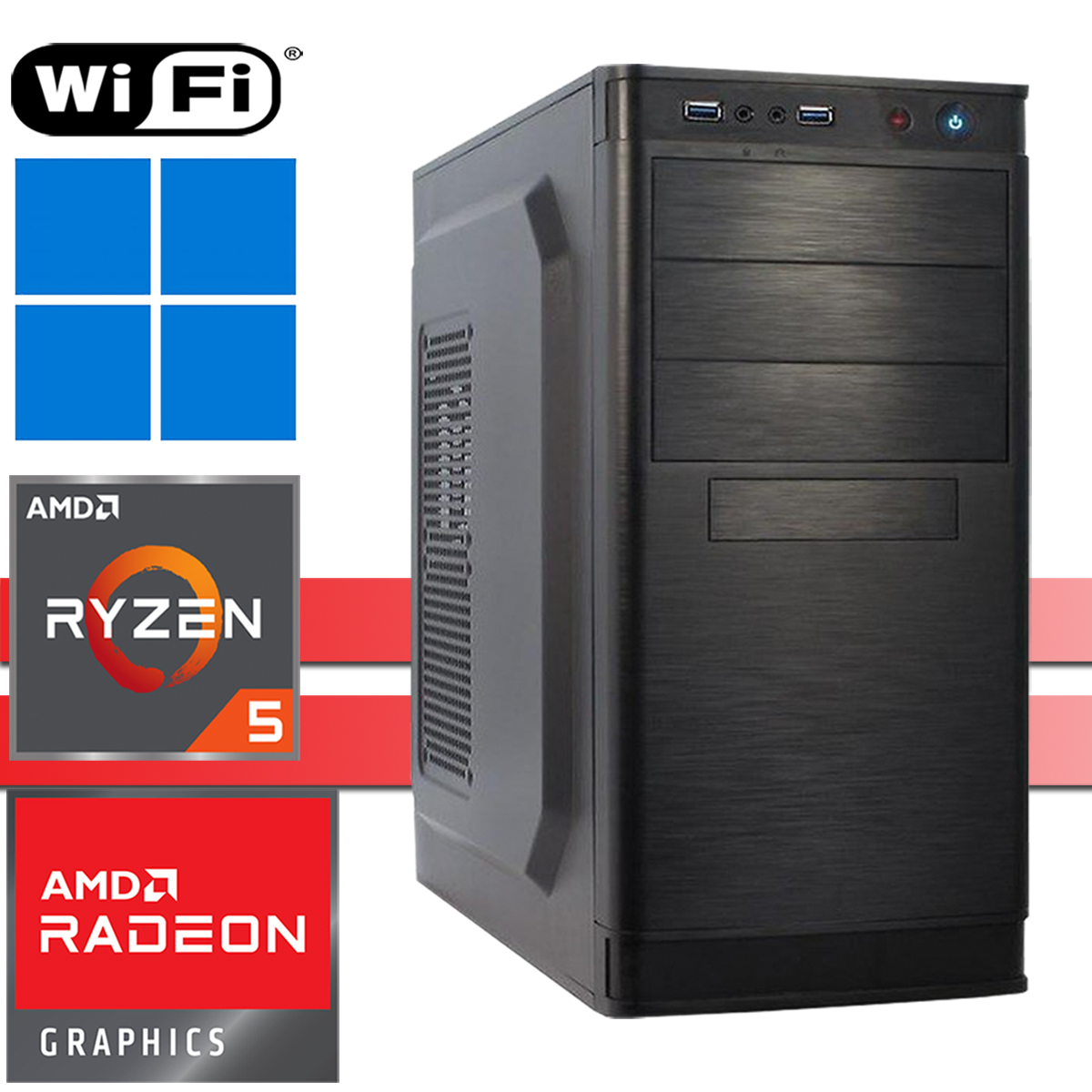 Schwarzes PC-Gehäuse mit AMD Ryzen 5 und Radeon Logos, WiFi-Symbol.