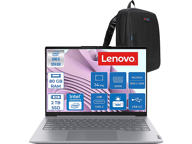 LENOVO ThinBook 14 Gen 8 DDR5 WUXGA IPS 21SG00L8TXF46 Intel Core i5-13420H 80 GB RAM 2 TB SSD 14 inç FreeDOS Laptop+Çanta Gri