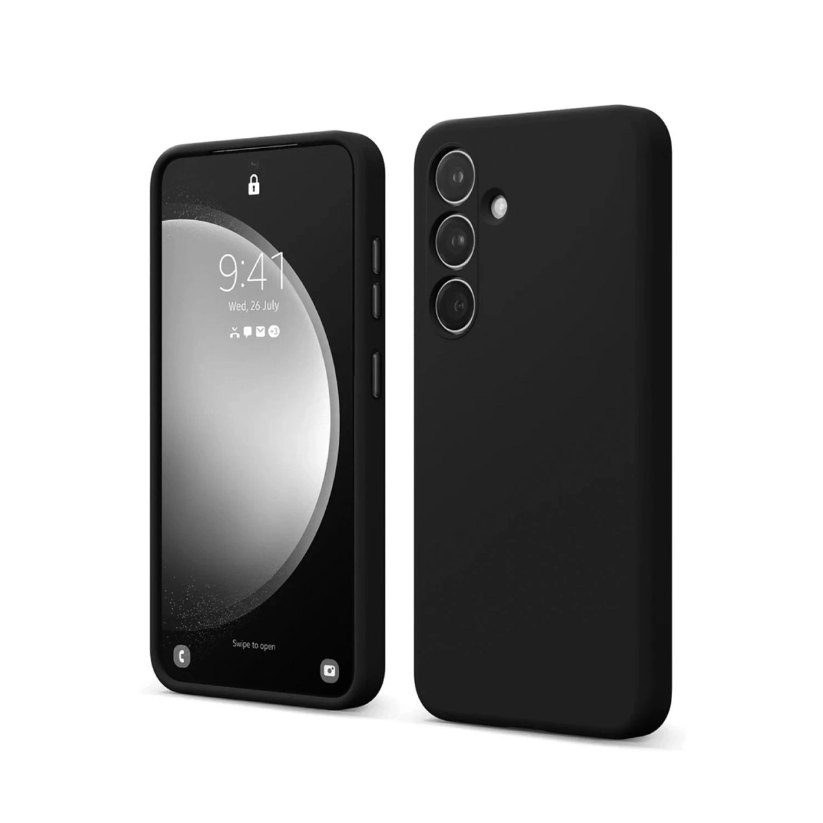 Yan yana iki siyah telefon kılıfı, biri açık ekranı gösteriyor.
