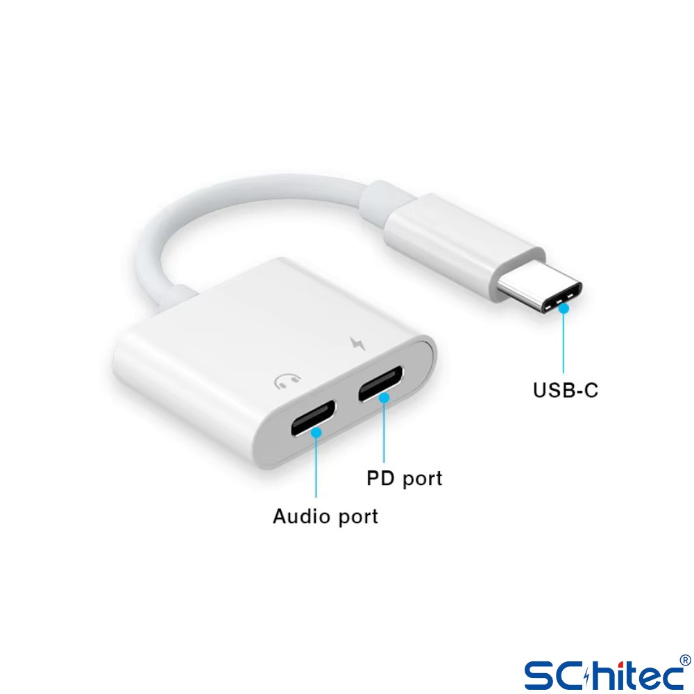 Ses ve PD bağlantı noktalarına sahip beyaz USB-C adaptörü.