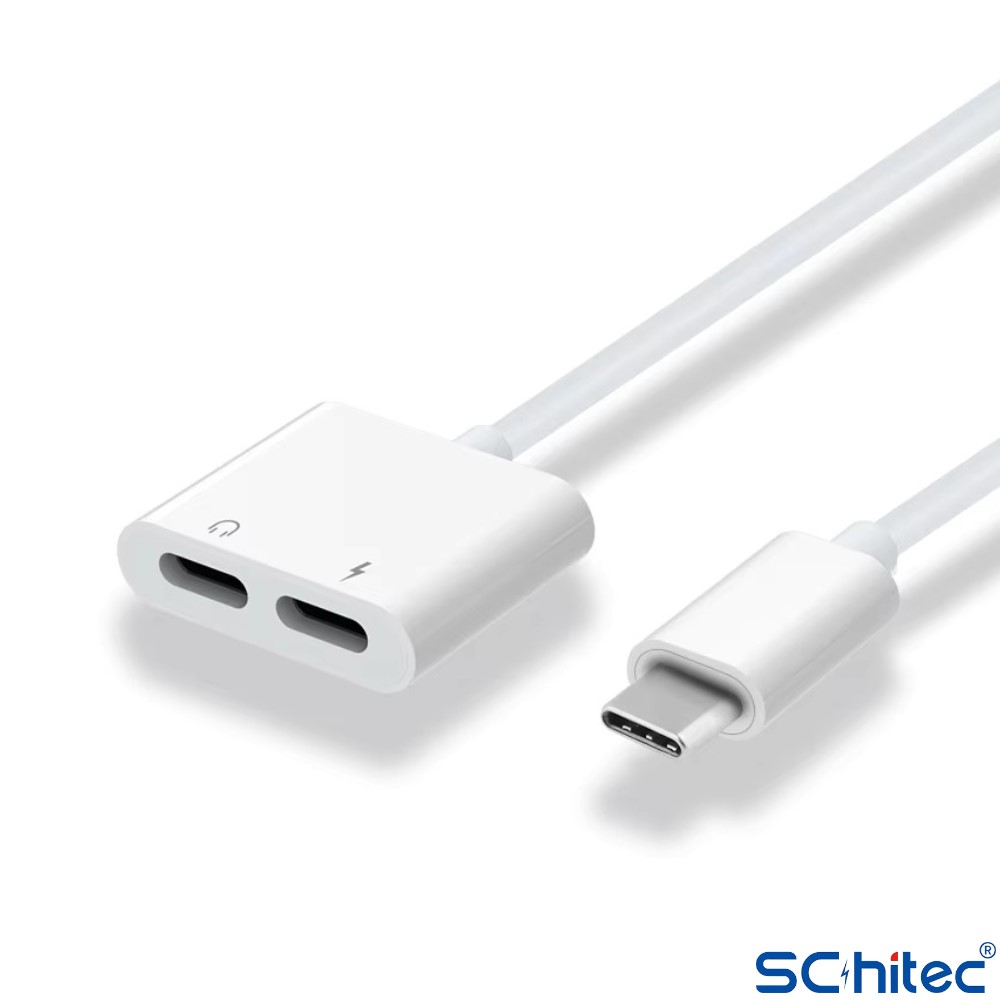 Kulaklık jakı ve şarj bağlantı noktasına sahip beyaz USB-C adaptörü.