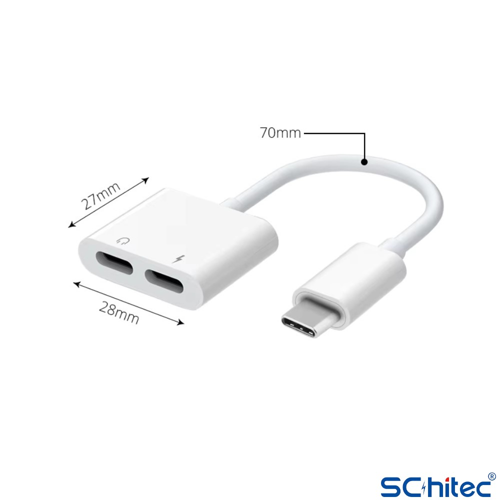 Şarj ve kulaklık simgeli, iki portlu beyaz USB-C adaptörü.