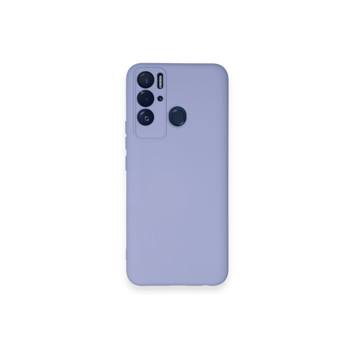 Kamera lensi ve parmak izi sensörlü mor telefon kılıfı.