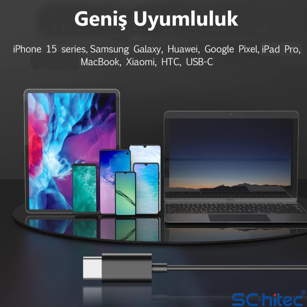iPad, telefonlar ve MacBook gibi çeşitli cihazlar USB-C kablosuyla gösteriliyor.