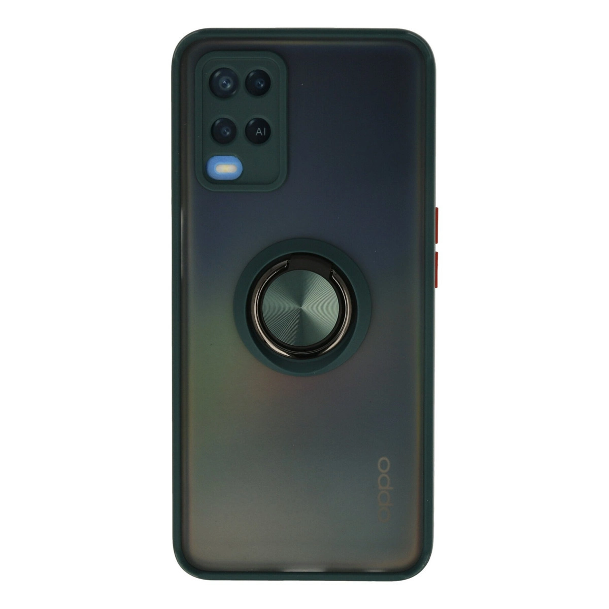 Gümüş halka tutuculu ve dörtlü kamera sistemli koyu yeşil telefon kılıfının arka görünümü.