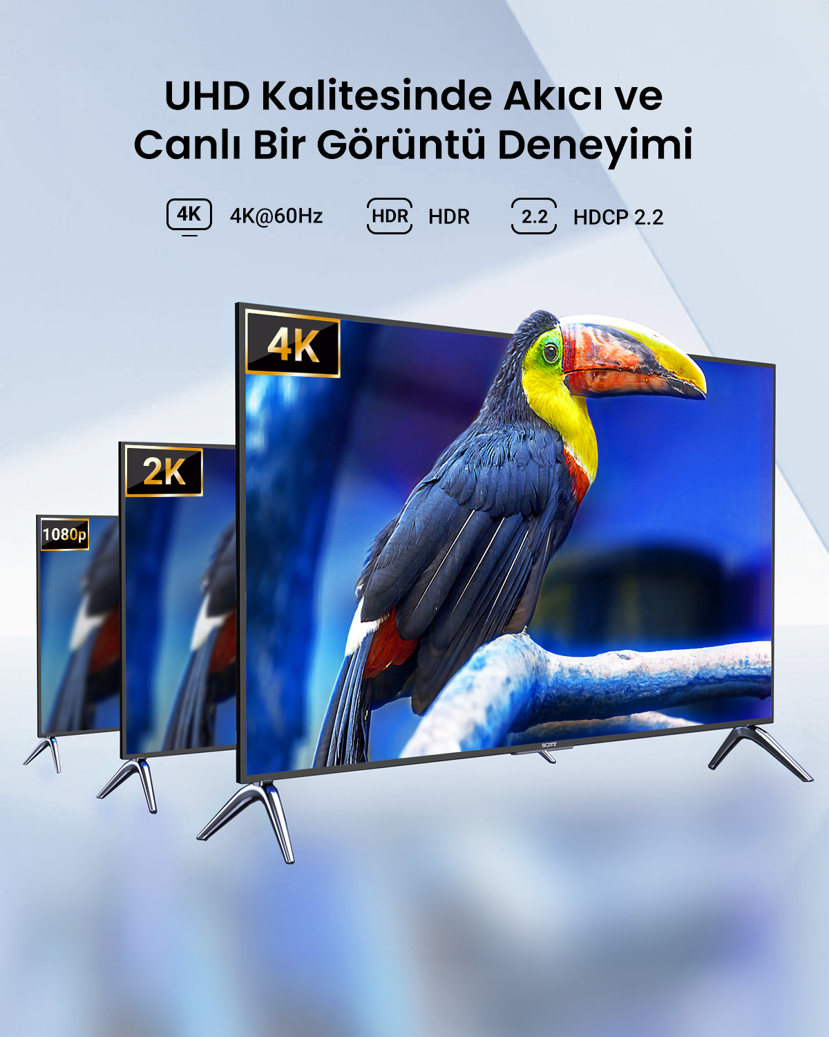 Televizyonlar, tukan resmiyle UHD kalitesi sunar. 4K, HDR ve HDCP 2.2 simgeleri.