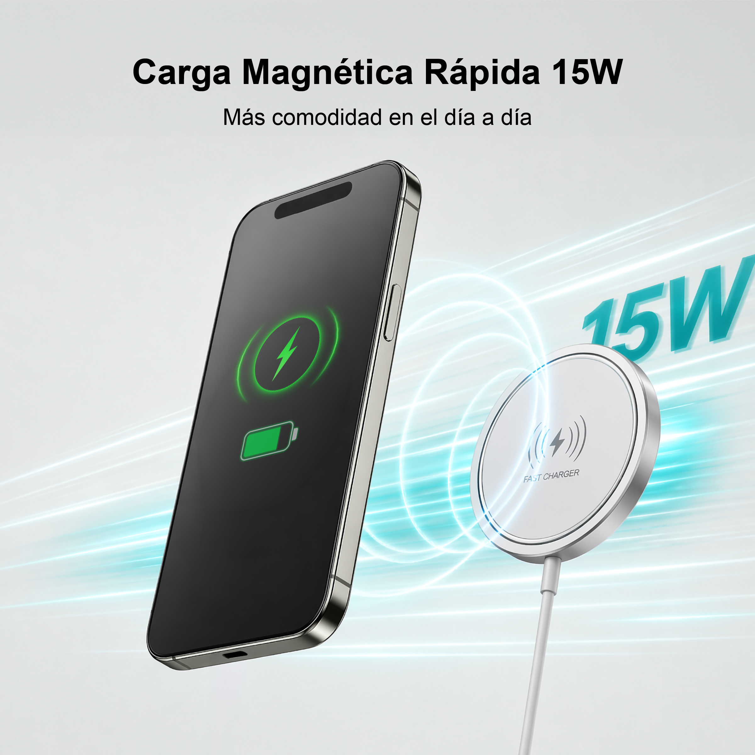 Un smartphone carga rápido en una base magnética blanca de 15W.