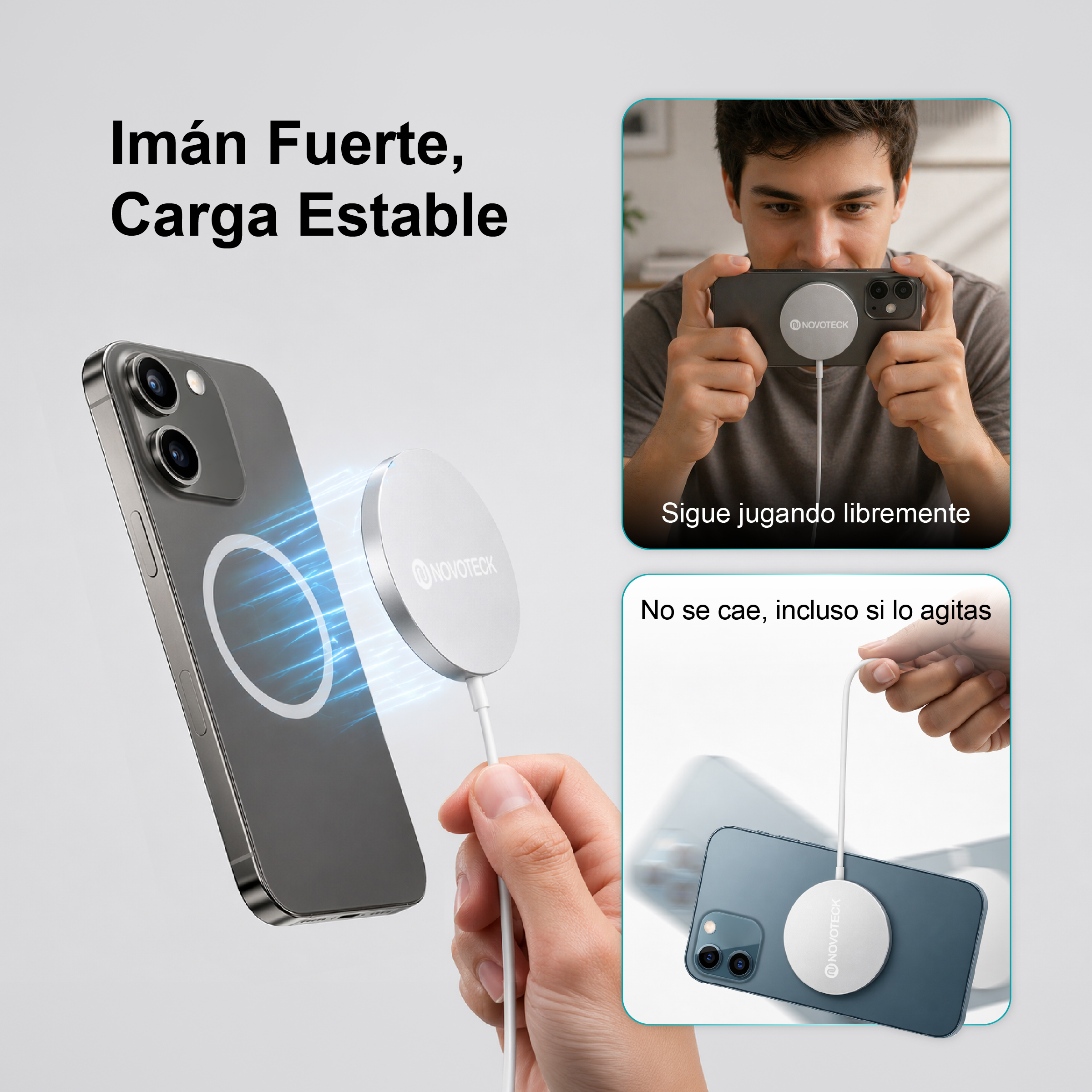 Un hombre juega con un teléfono conectado a un cargador magnético.