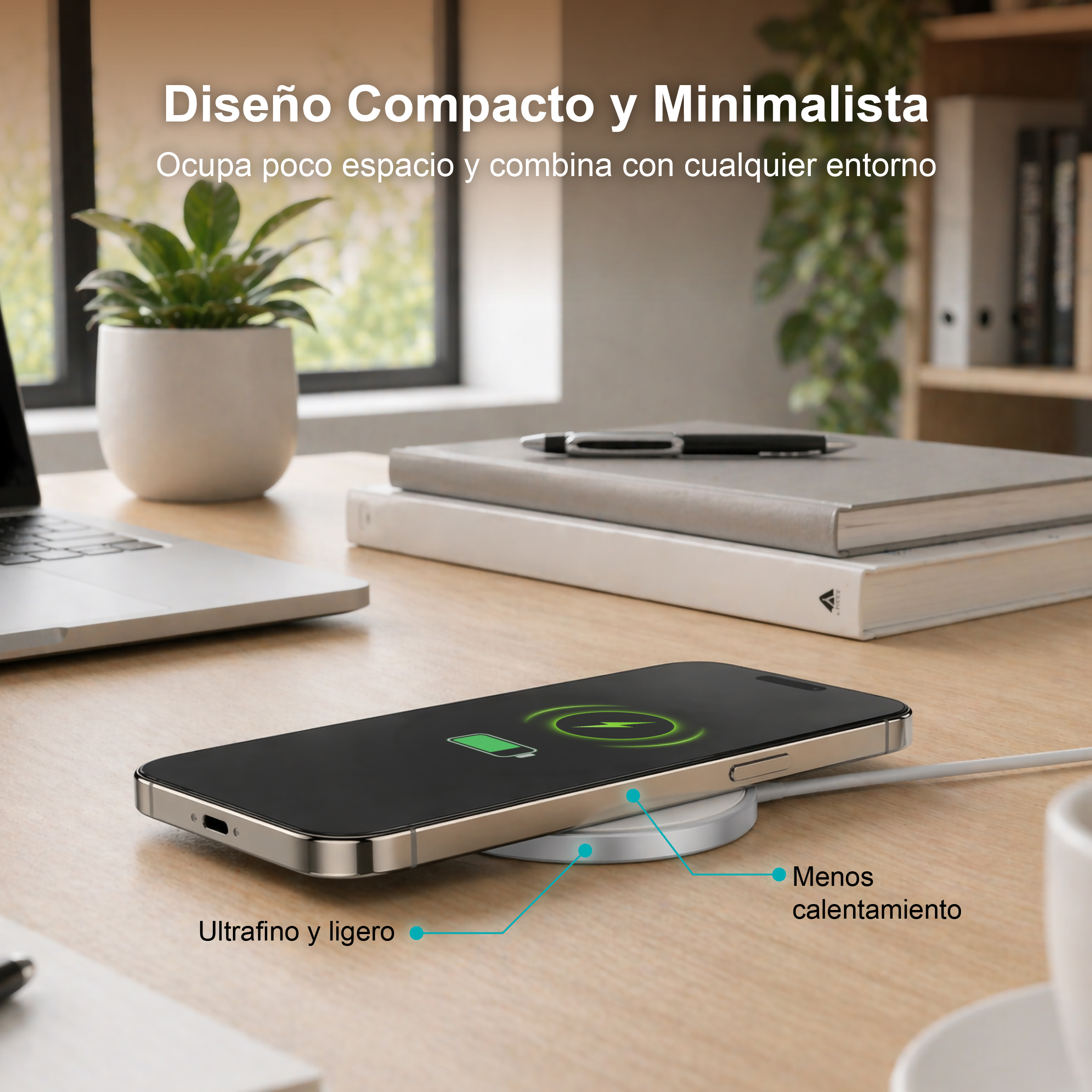 Un smartphone se carga en un cargador inalámbrico sobre un escritorio.