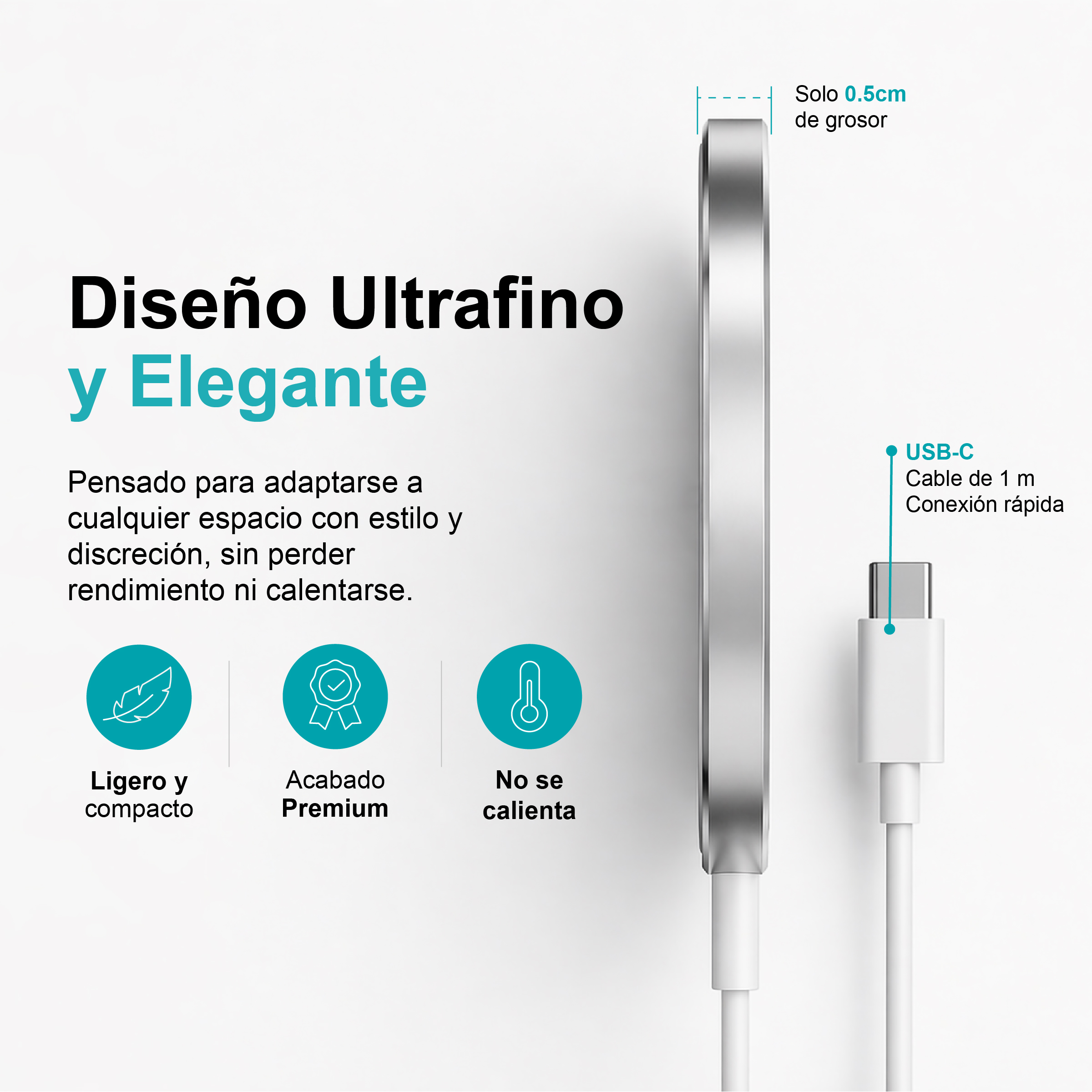 Diseño ultrafino y elegante, 0,5cm de grosor, con cable USB-C.
