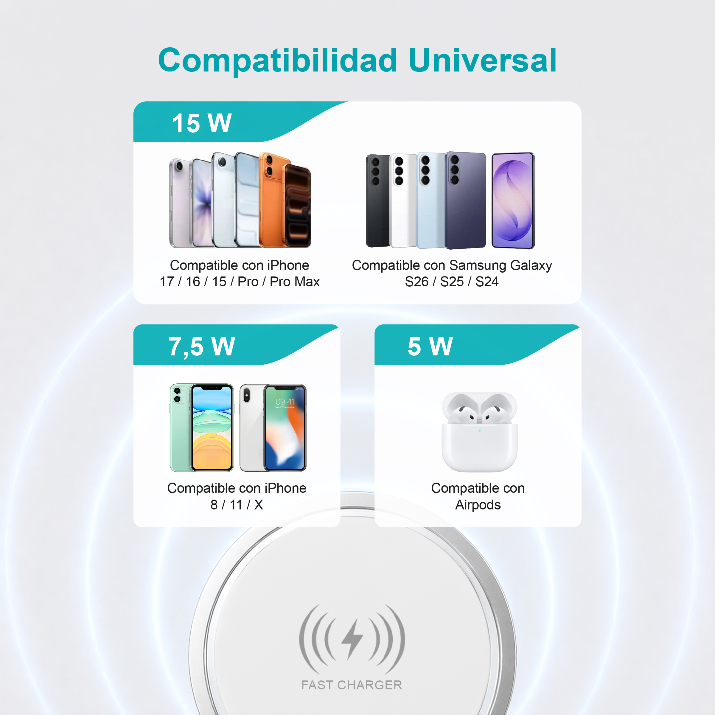 Compatibilidad universal: 15W para iPhones, 7,5W para iPhone 8-X, 5W para AirPods.
