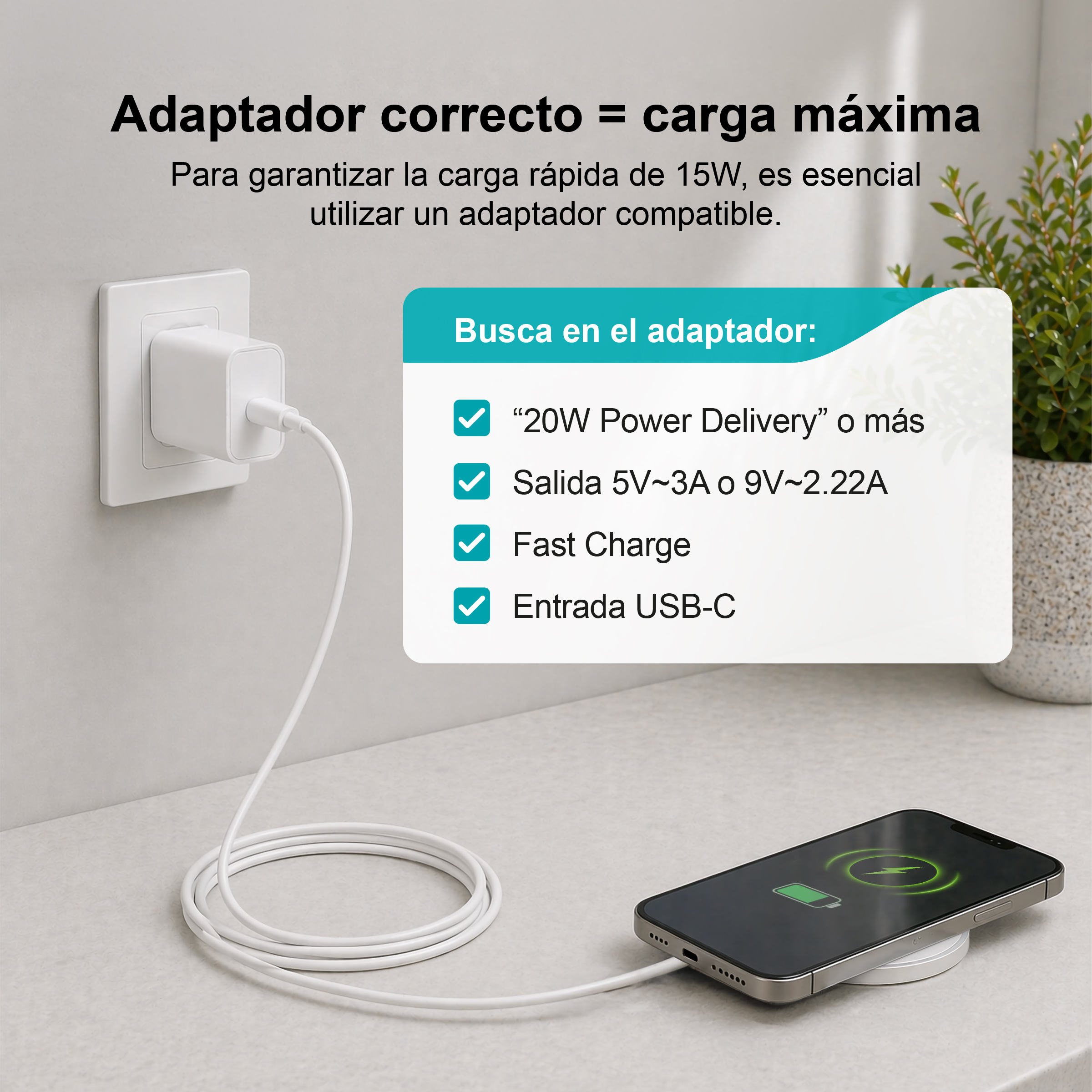 Un adaptador de carga blanco está enchufado, un cable blanco carga un smartphone.