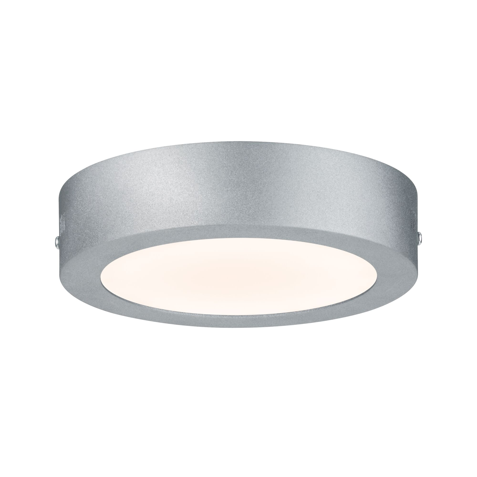 Plafoniera argentata dal design rotondo e piatto con diffusore di luce bianco.