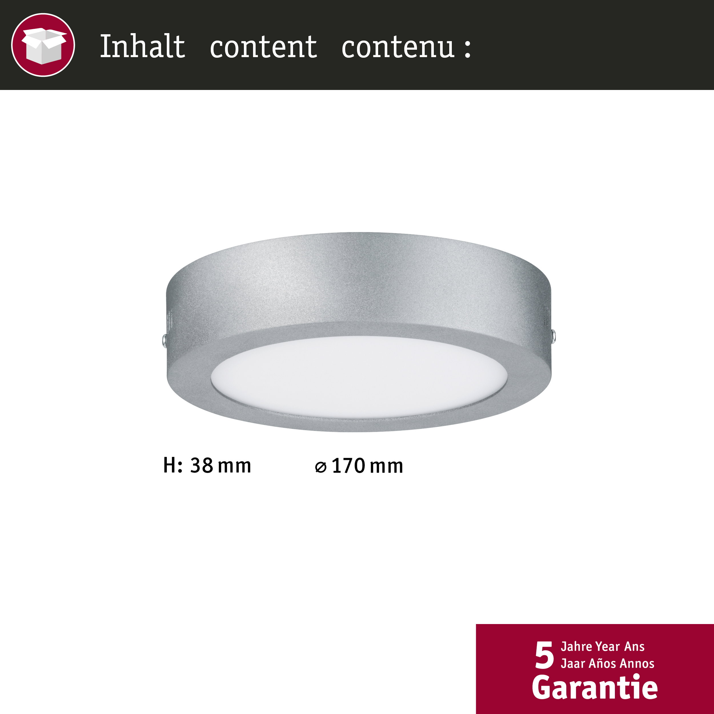 Una lampada da soffitto rotonda argentata con dimensioni H: 38 mm, Ø 170 mm.