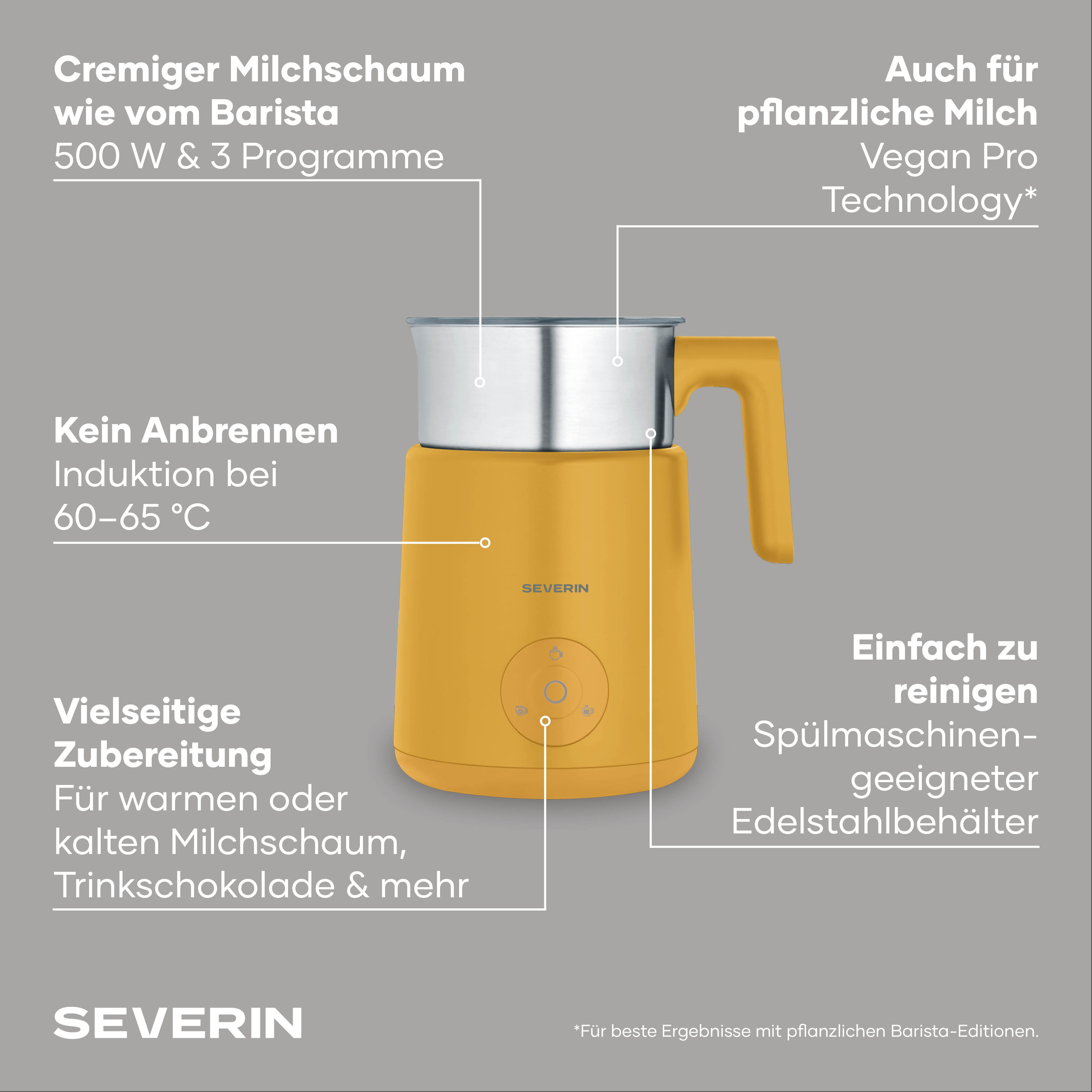 Ein gelber Milchaufschäumer mit Edelstahlbehälter, 500W, für warme/kalte Milch.